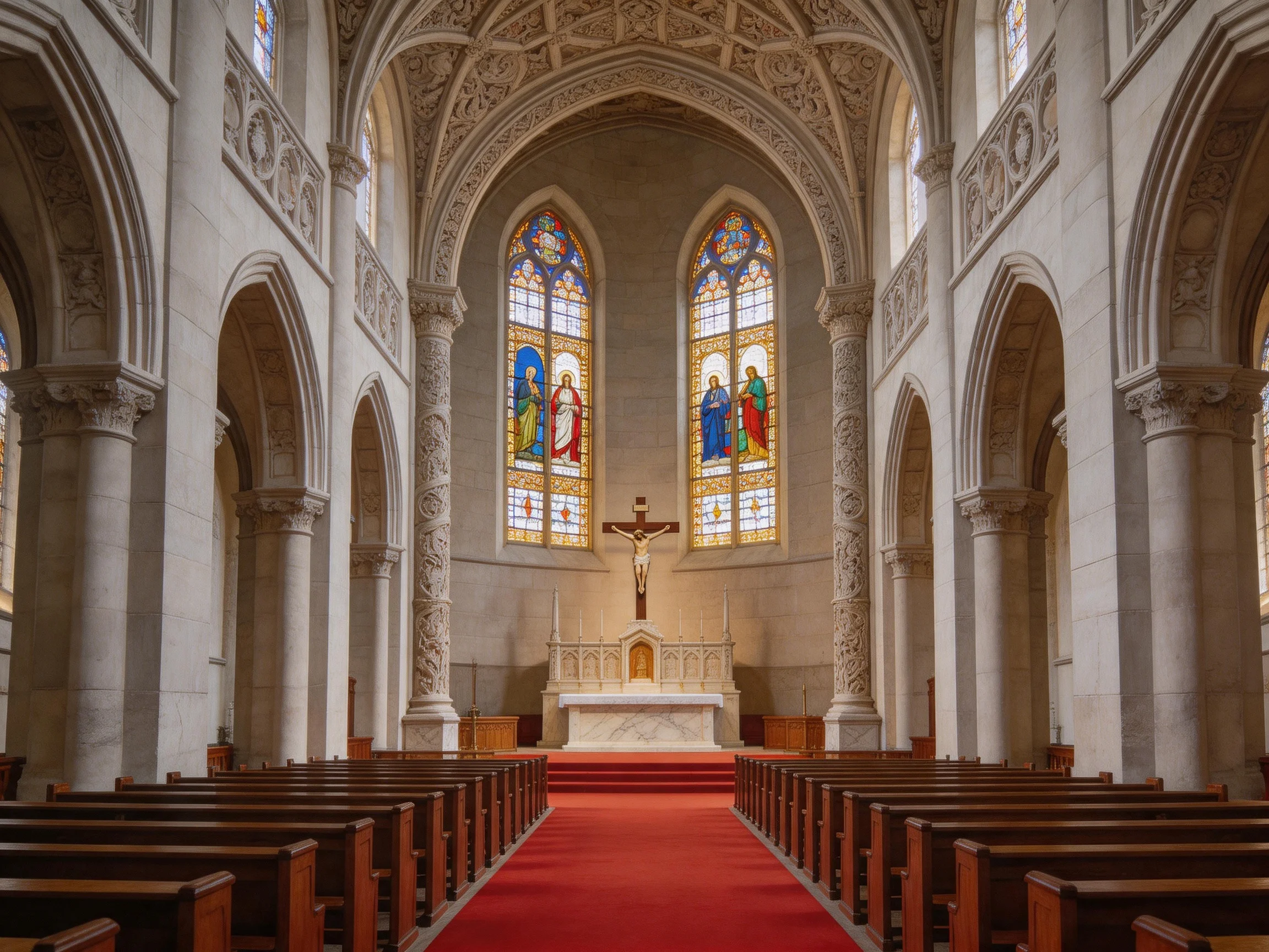 A grand church interior with stained glass windows and wooden pews