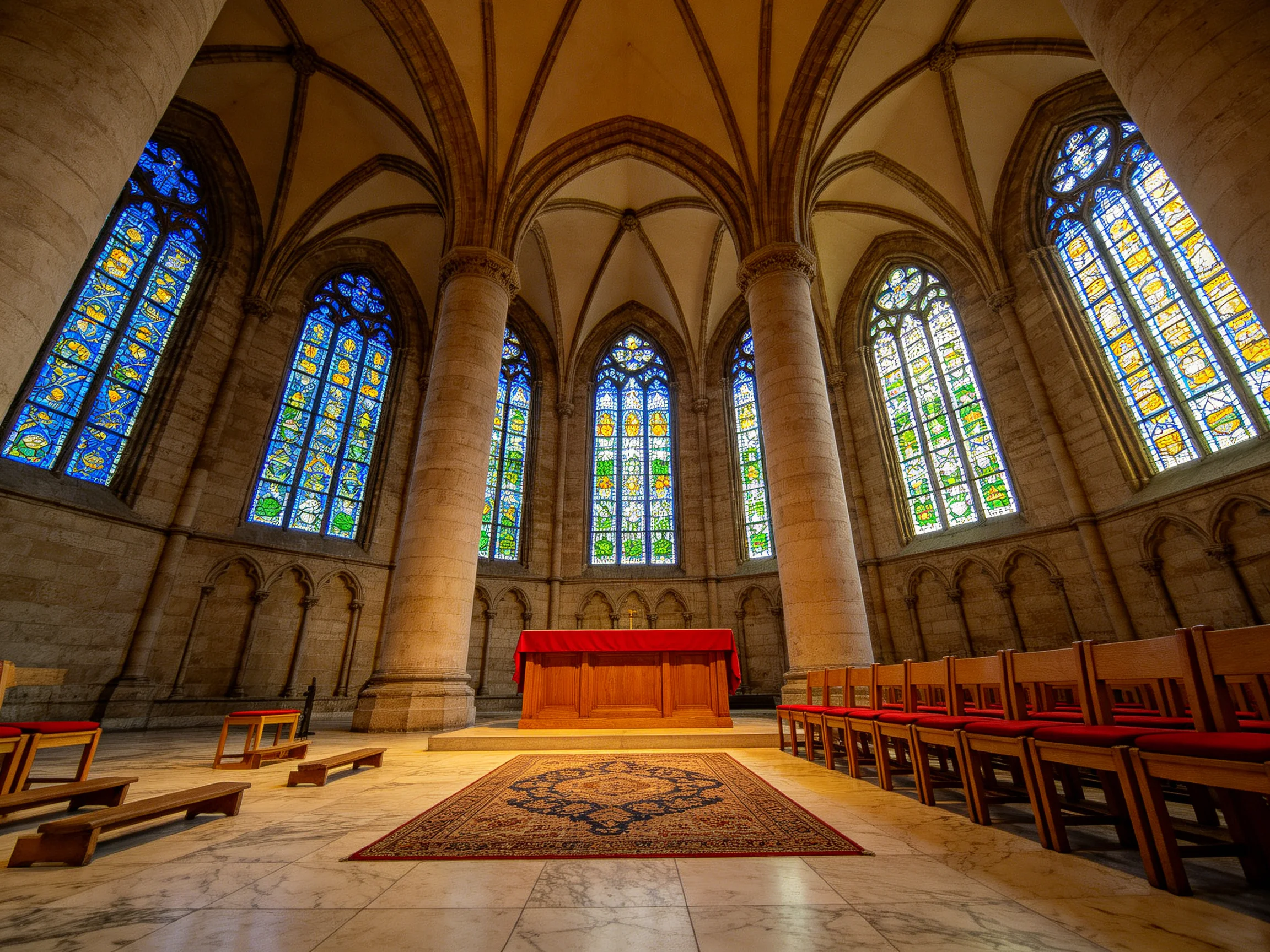 A grand church interior with tall stained glass windows and wooden pews