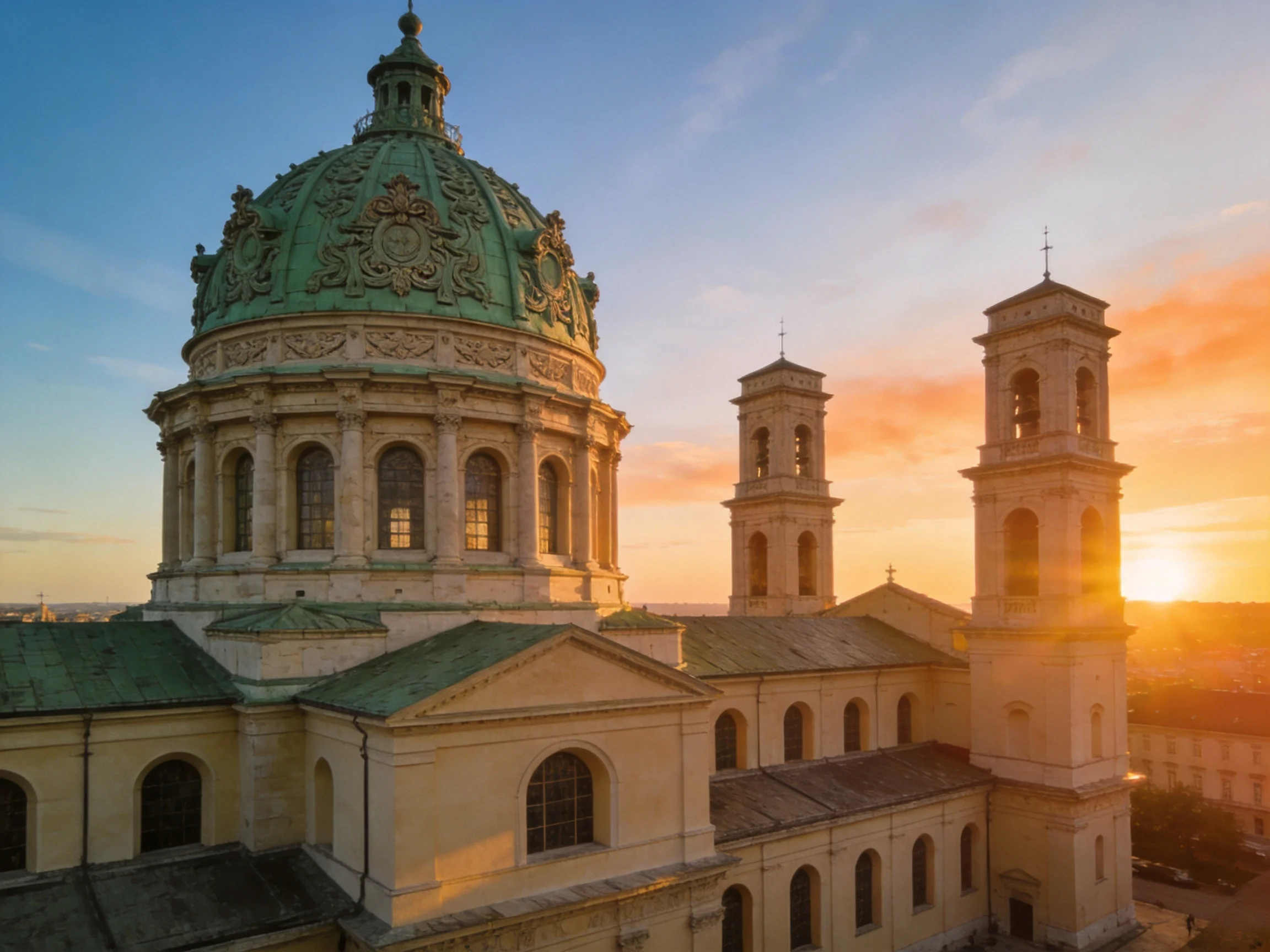 A grand church with a green domed roof and bell towers at sunset