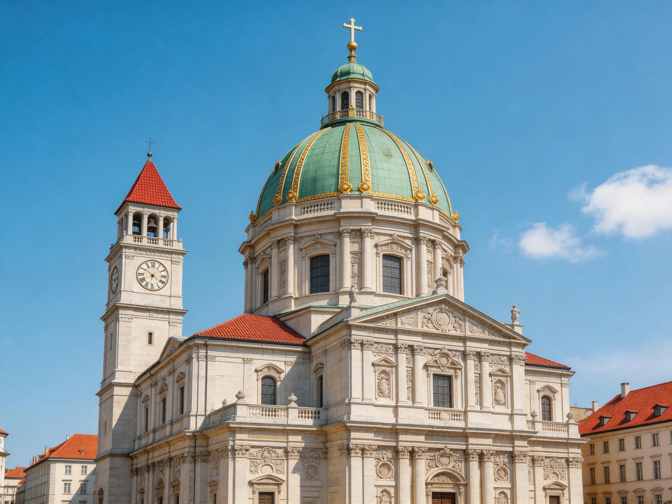 A grand church with a green domed roof and white stone facade