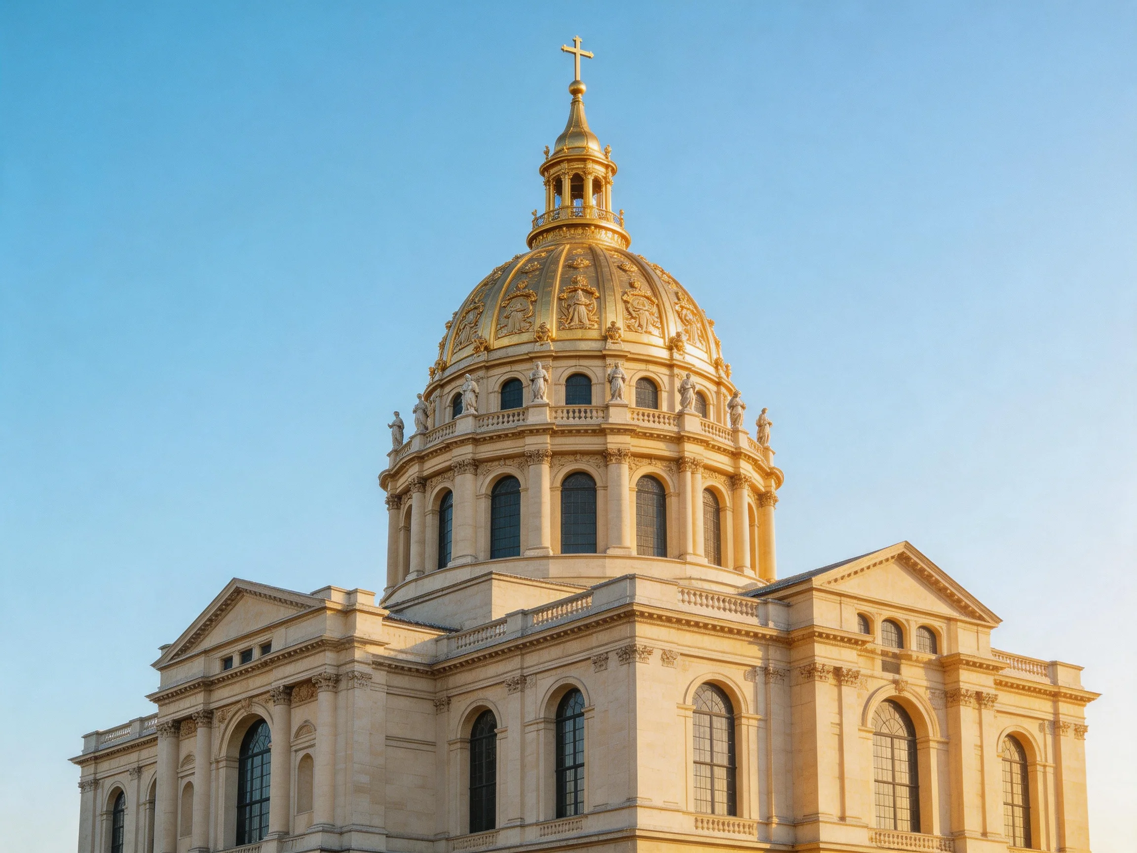 A grand church with an ornate golden dome under clear blue sky