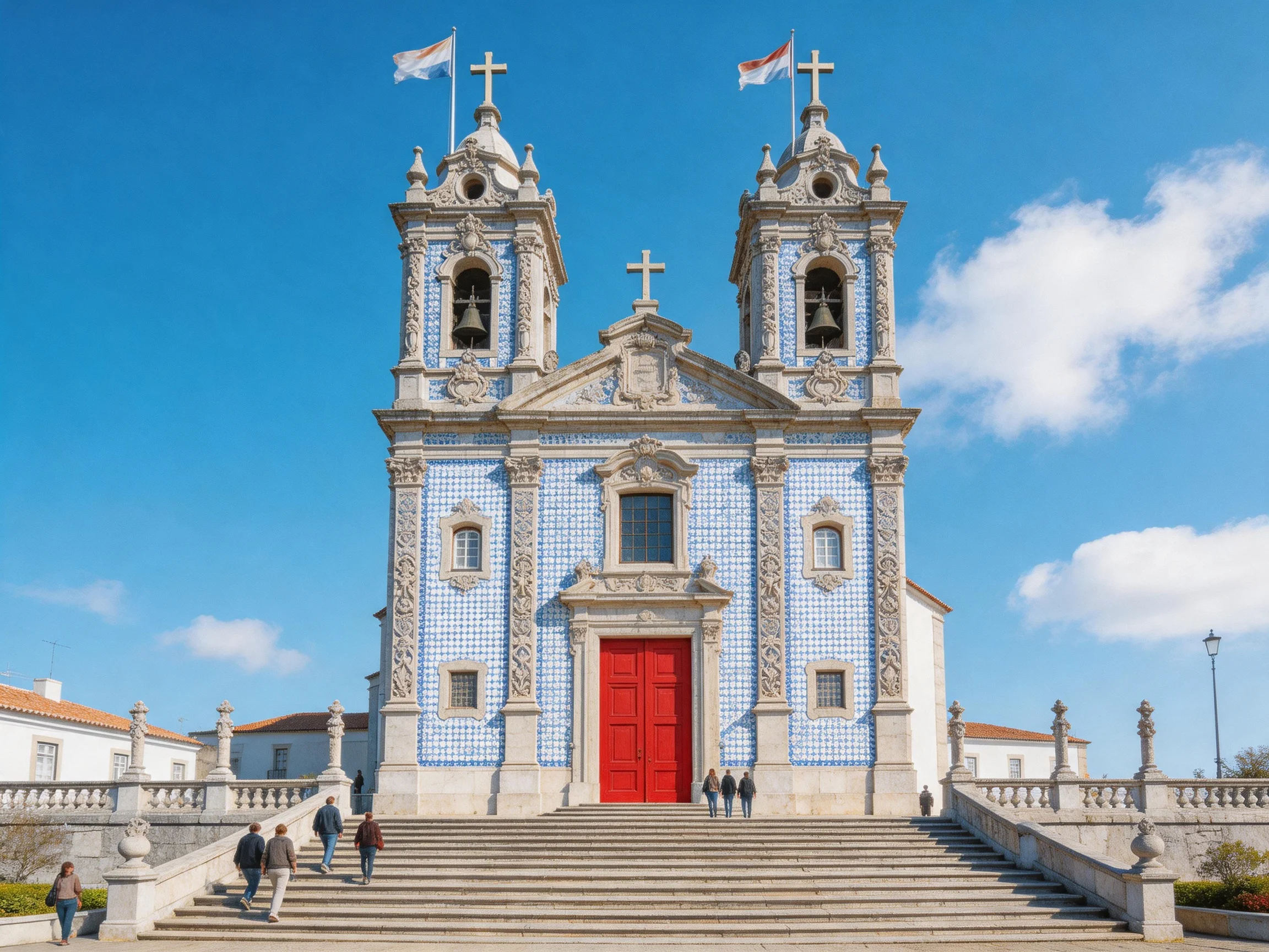 A grand church with blue tile facade and red doors under clear sky
