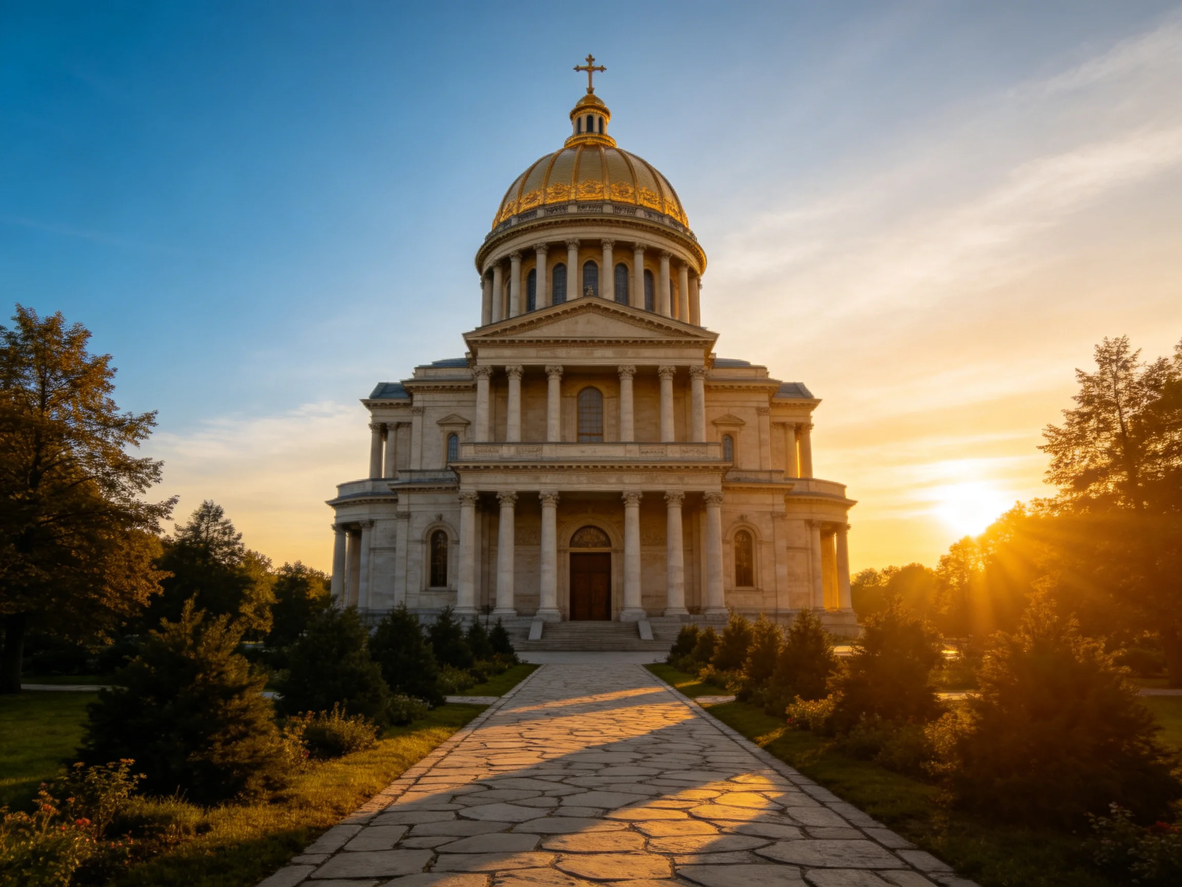A grand church with golden dome and stone pathway at sunset