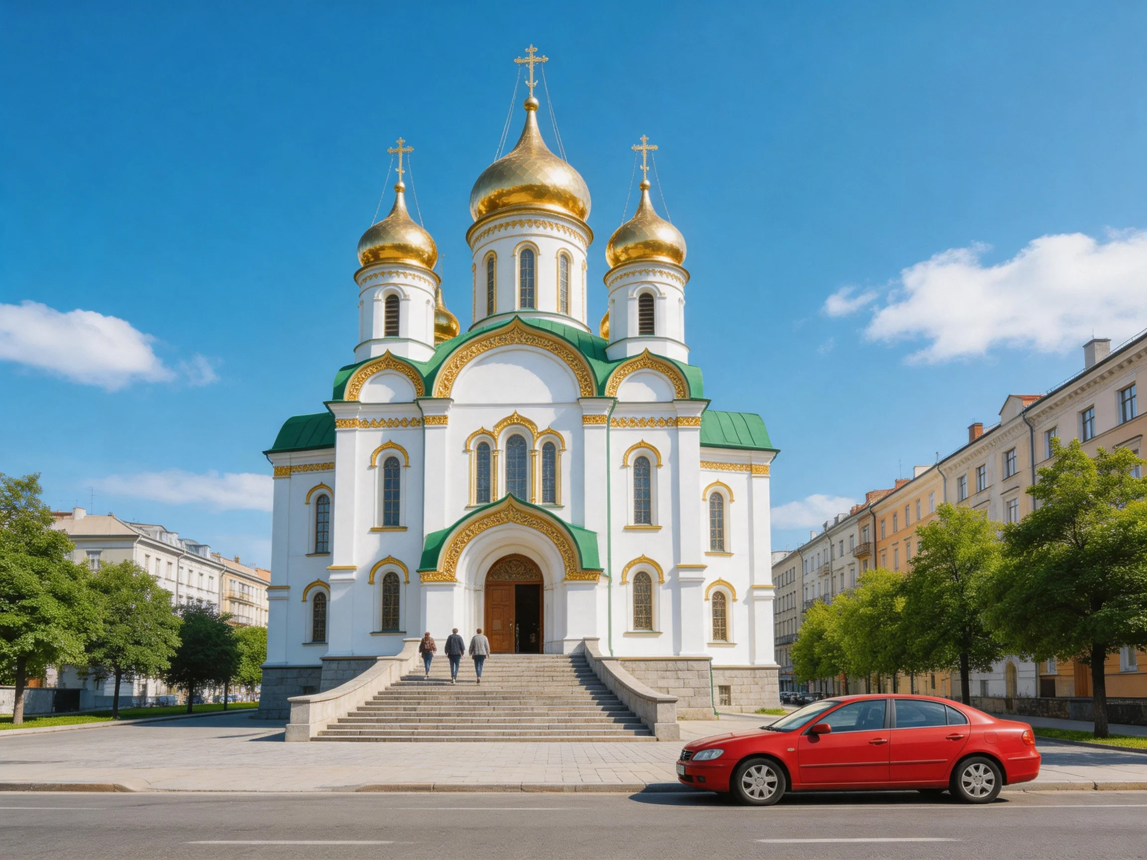 A grand church with golden domes and white walls in a city square