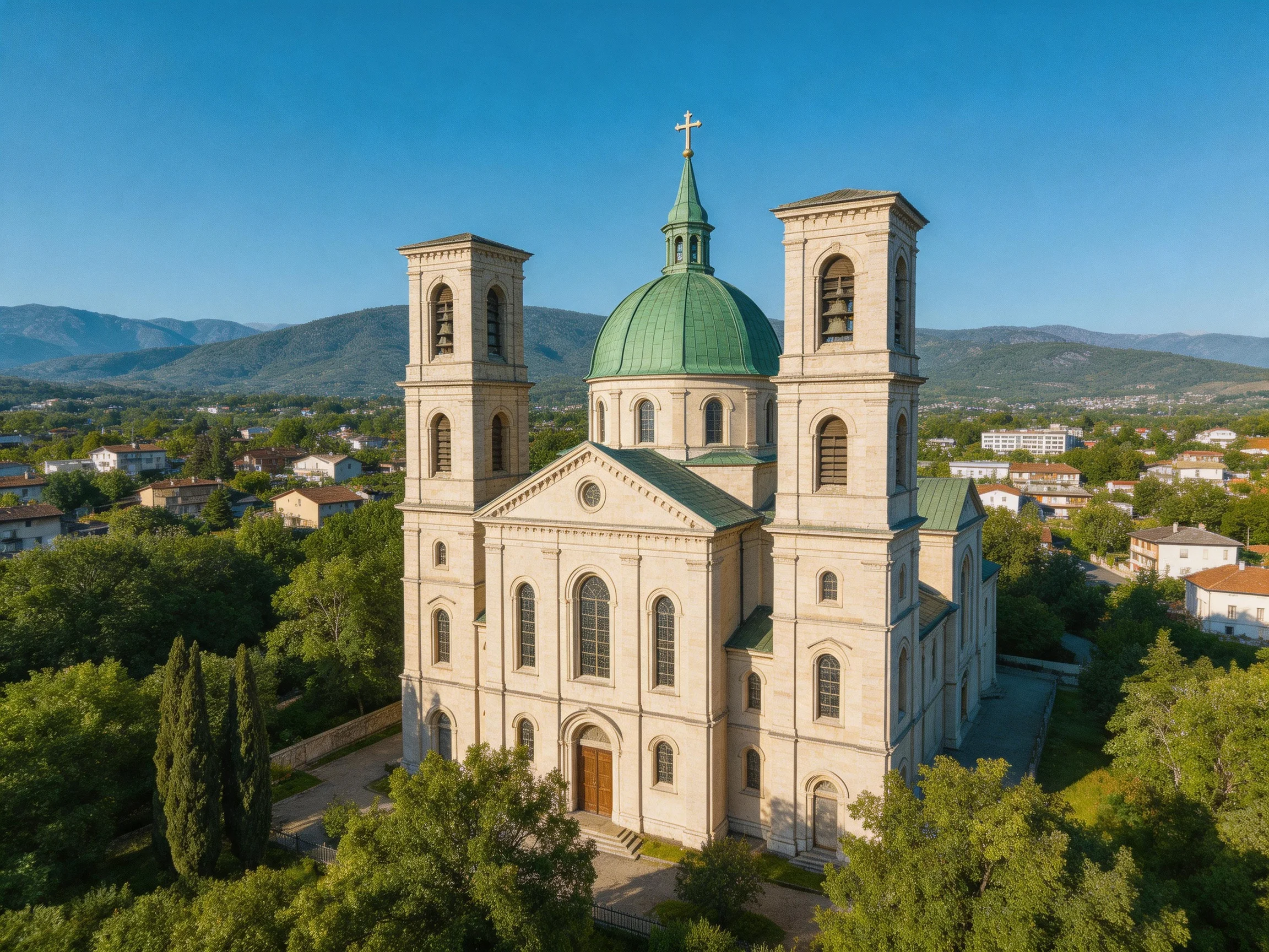 A grand church with green dome and twin towers