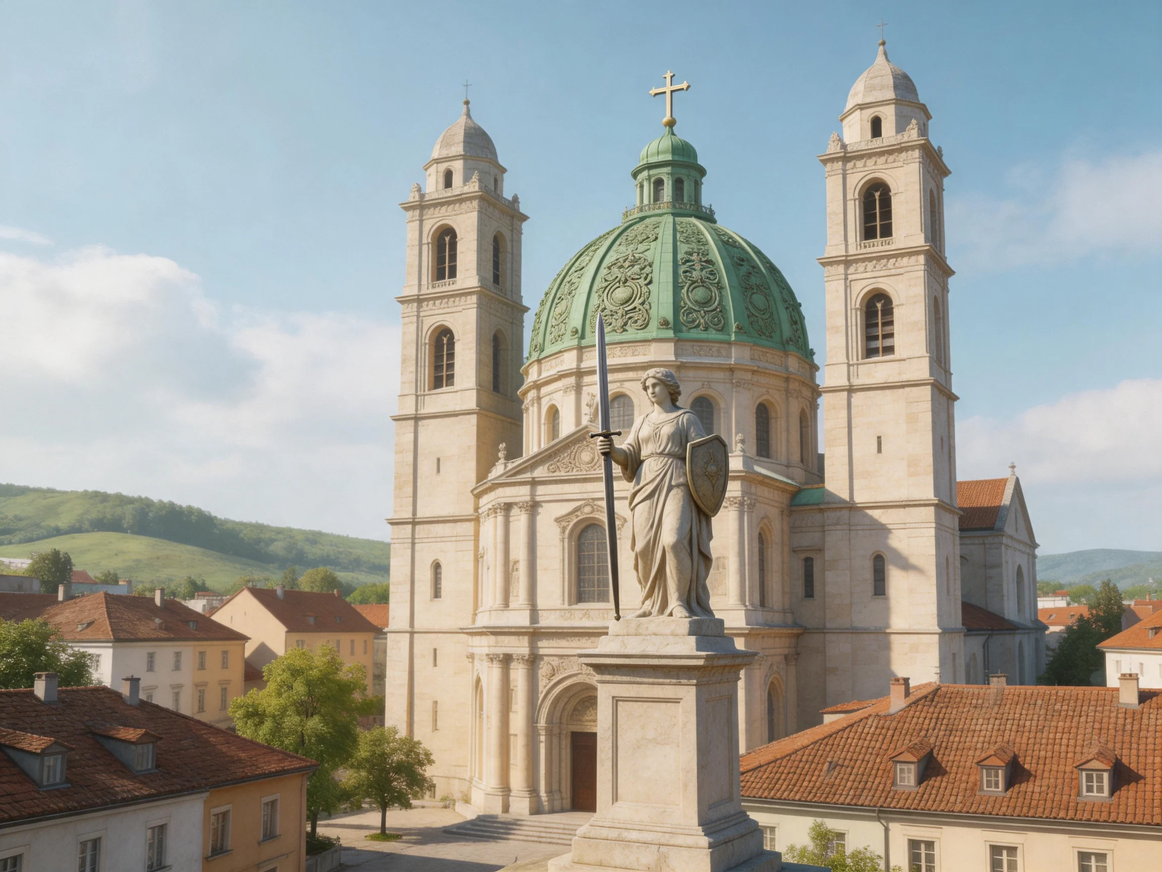 A grand church with green dome, twin towers, and a statue