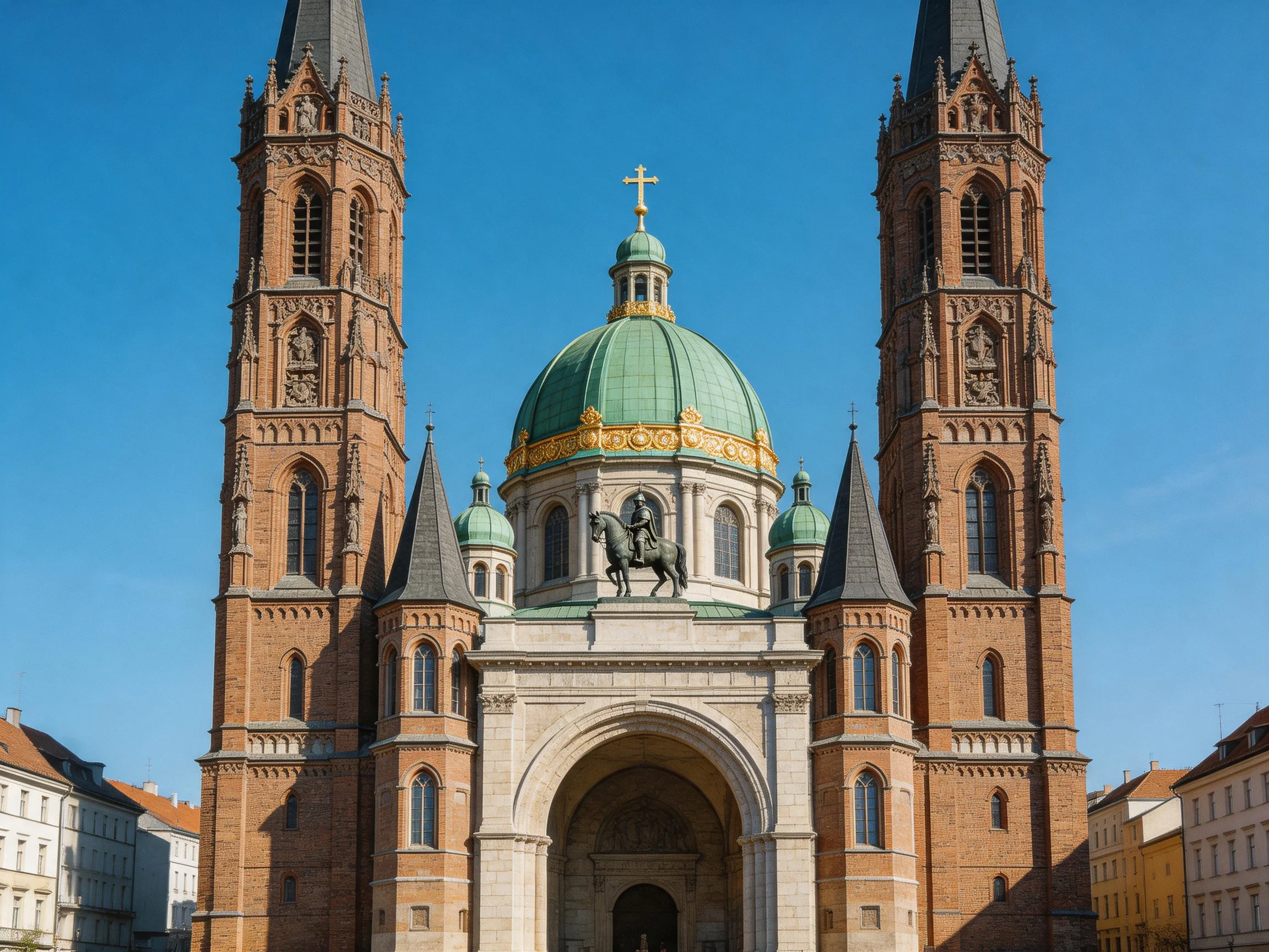 A grand church with twin brick towers and a green domed centerpiece