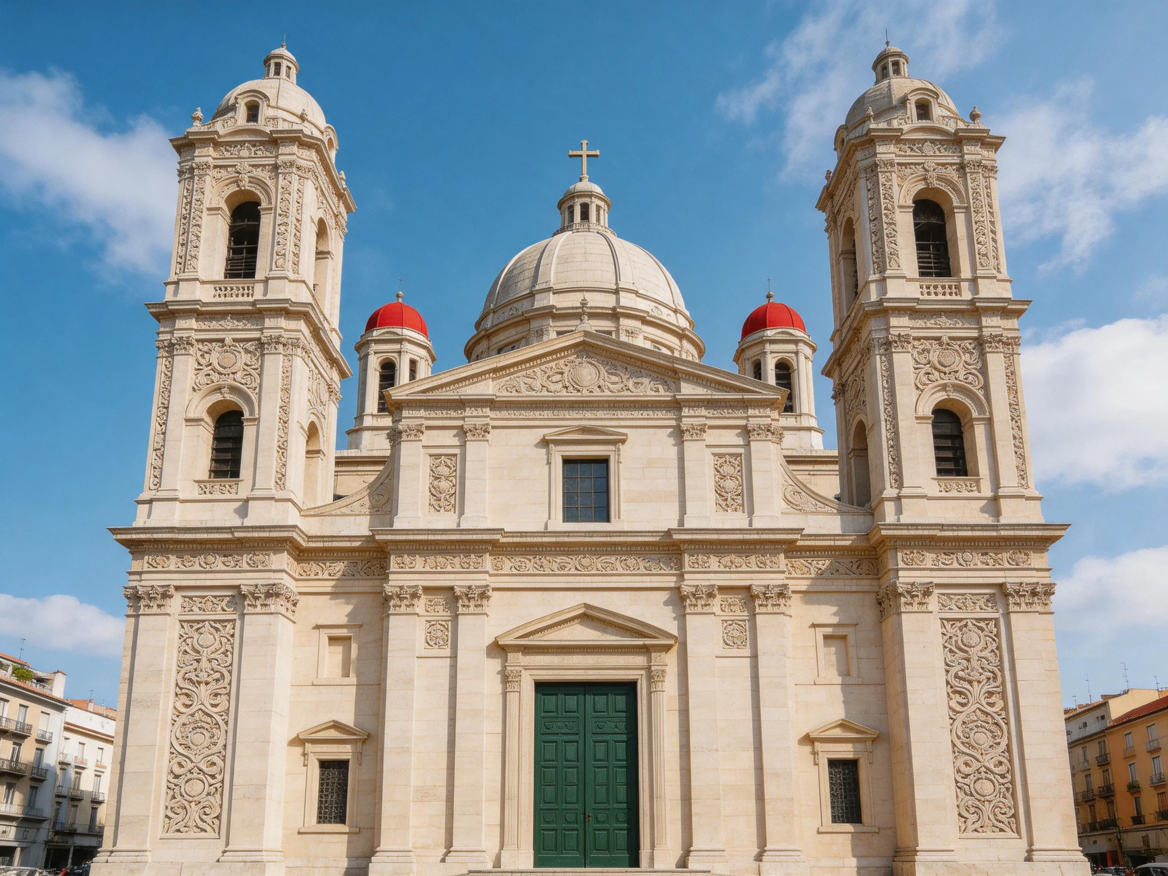 A grand church with twin towers, red domes, and ornate stone facade