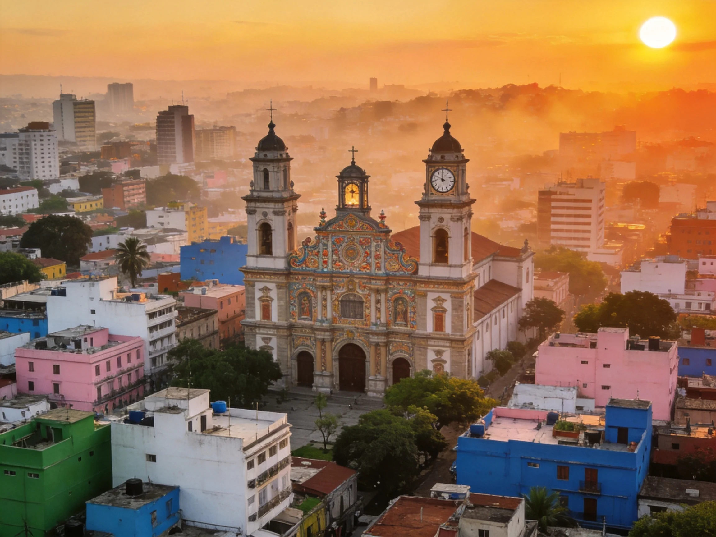 A grand colonial church surrounded by vibrant city buildings at sunset