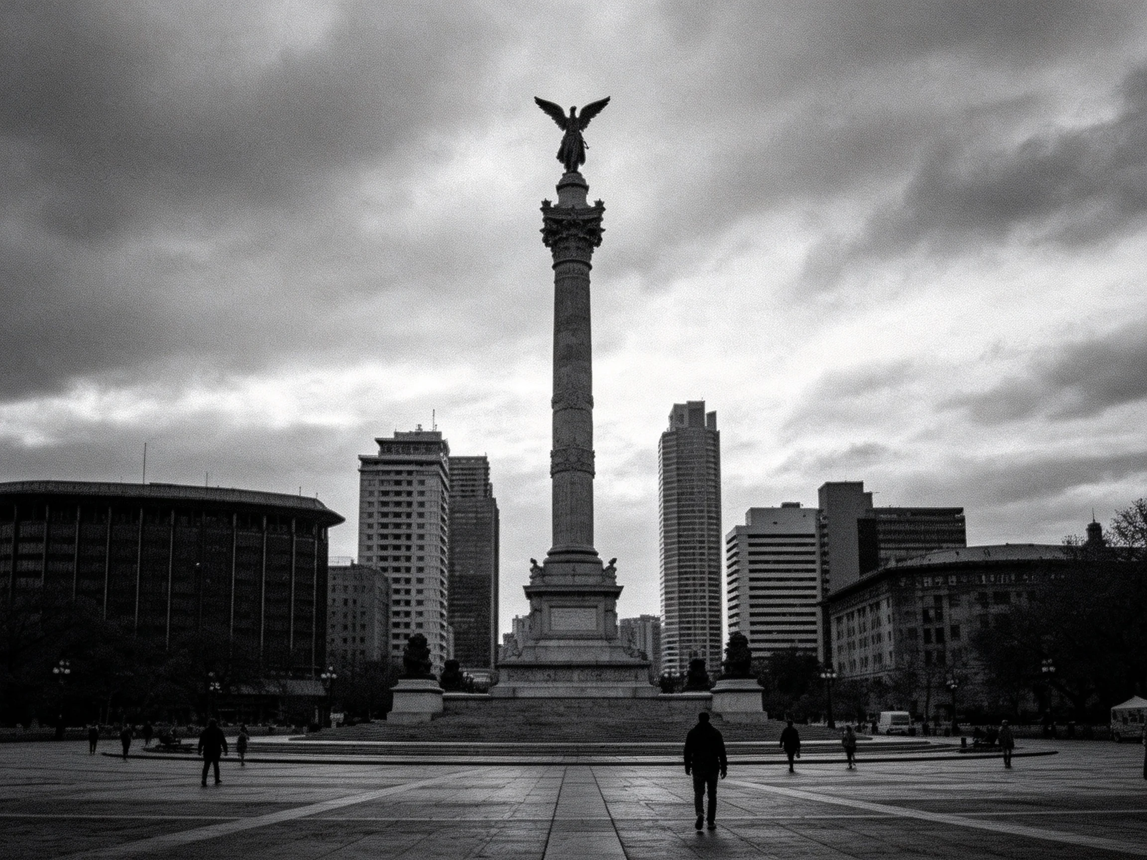 A grand columnar monument stands amid urban skyscrapers under stormy skies