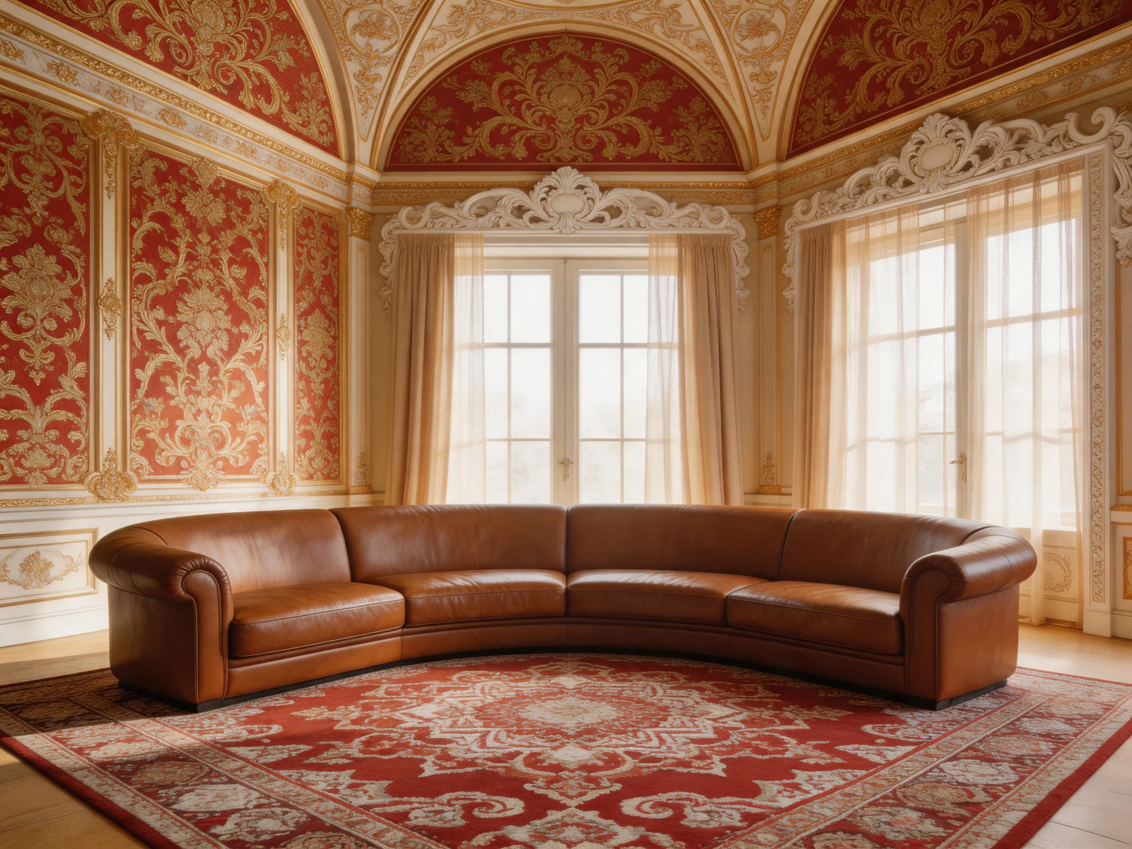 A grand curved brown leather sofa in an ornately decorated room
