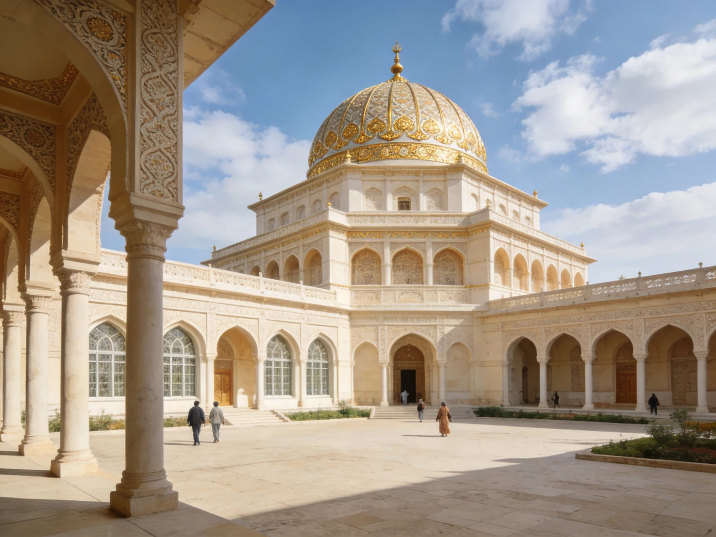 A grand domed building with ornate archways and golden dome