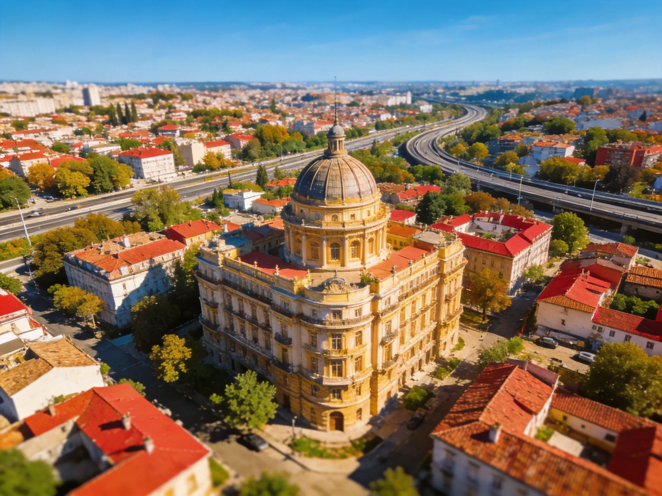 A grand domed building with red-roofed surroundings and winding highways