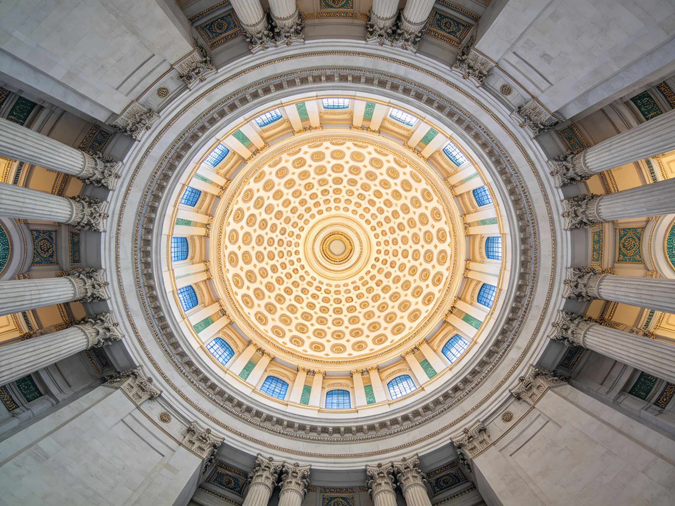 A grand domed ceiling with golden patterns and tall white columns