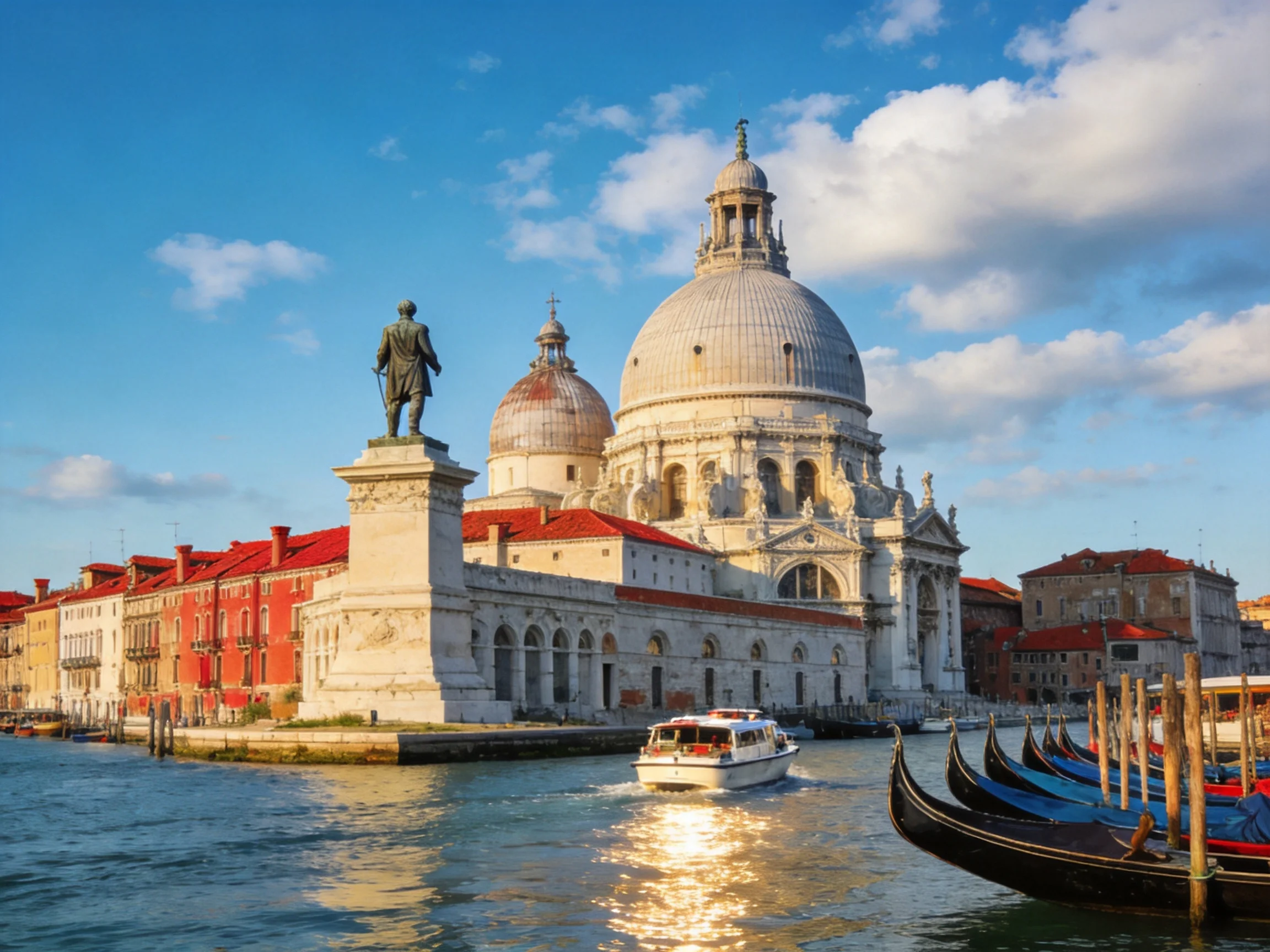 A grand domed church beside a canal with gondolas and a statue