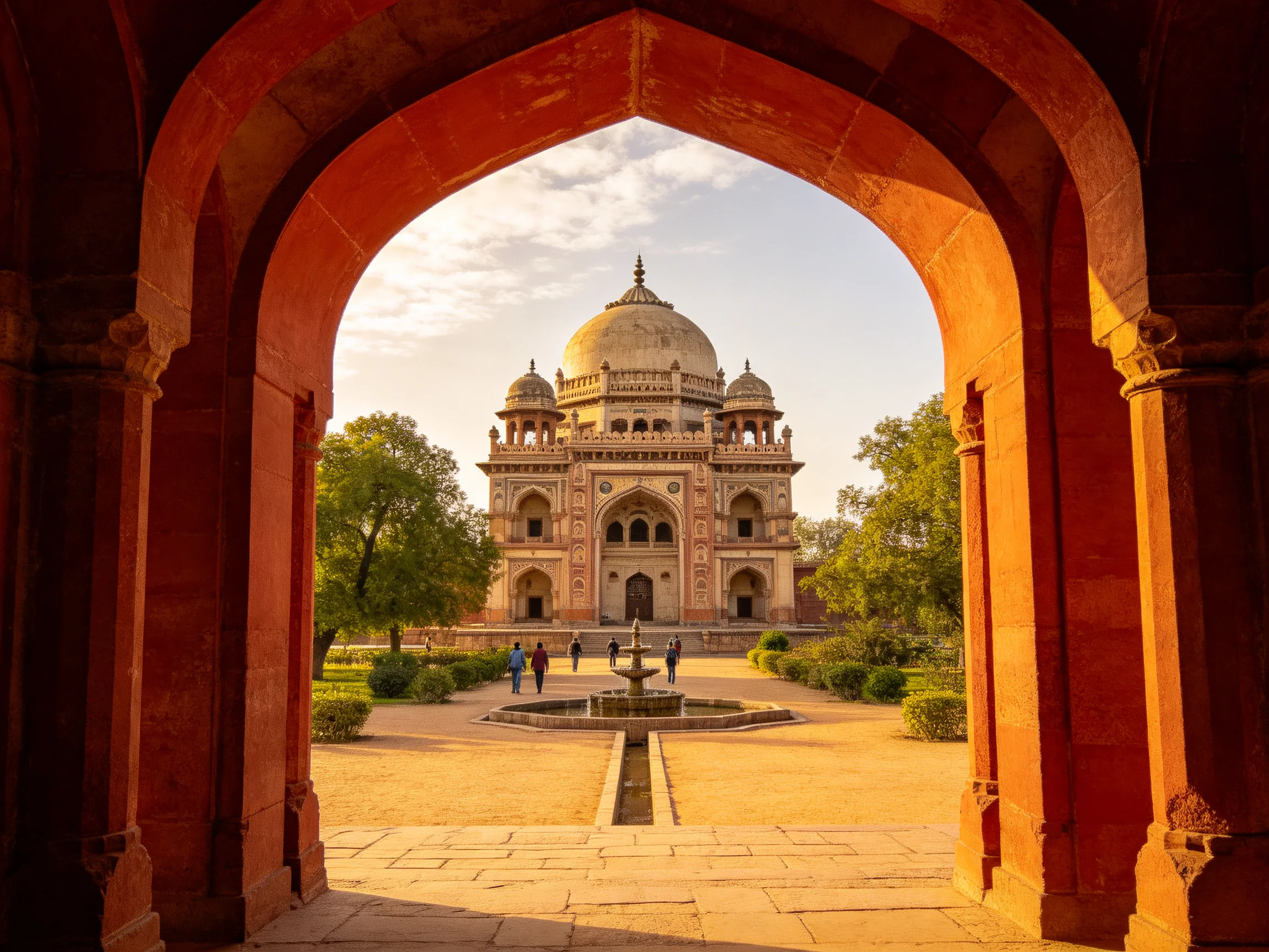 A grand domed mausoleum viewed through a reddish stone arch