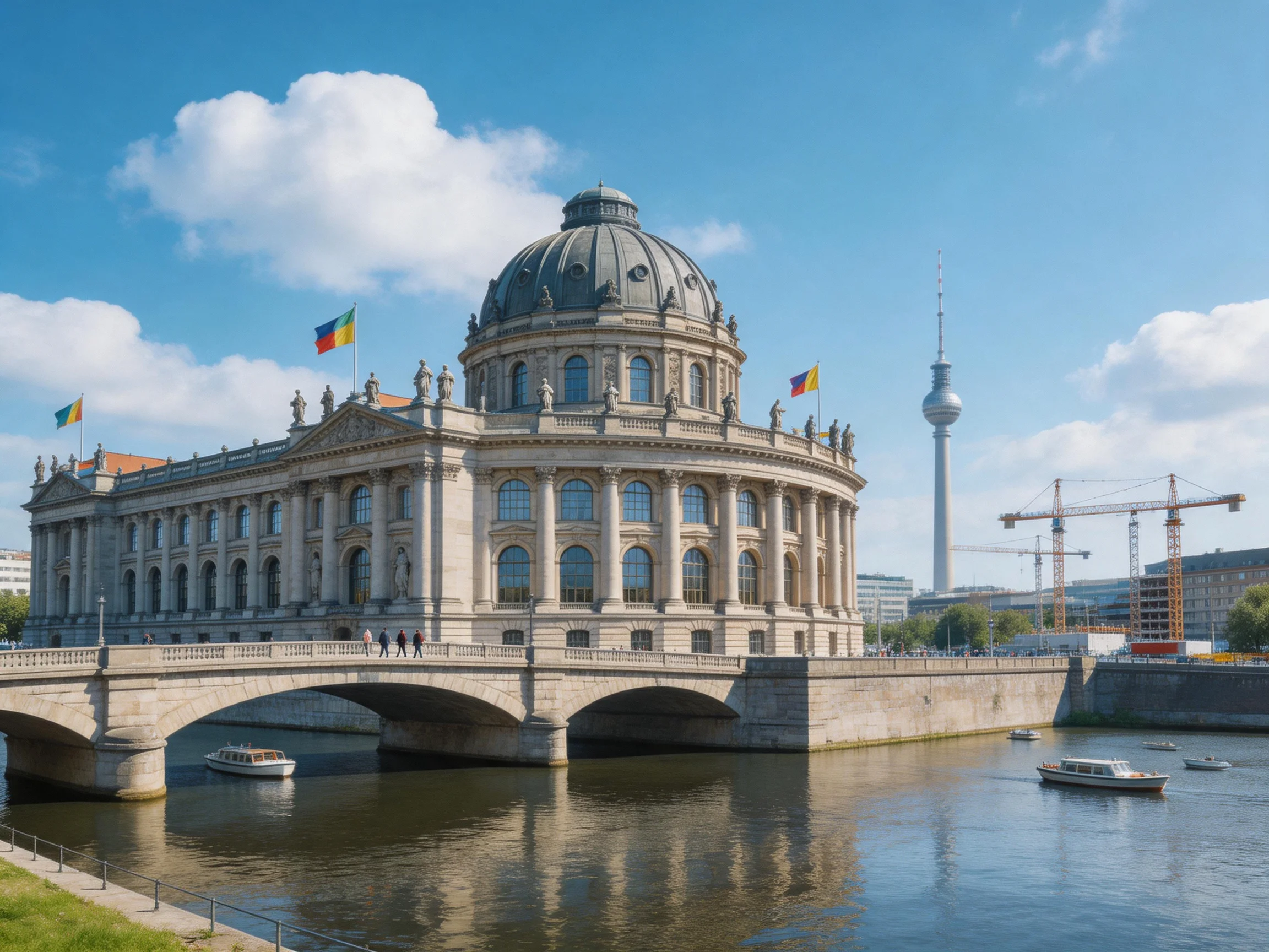 A grand domed museum by a river with boats and the TV tower