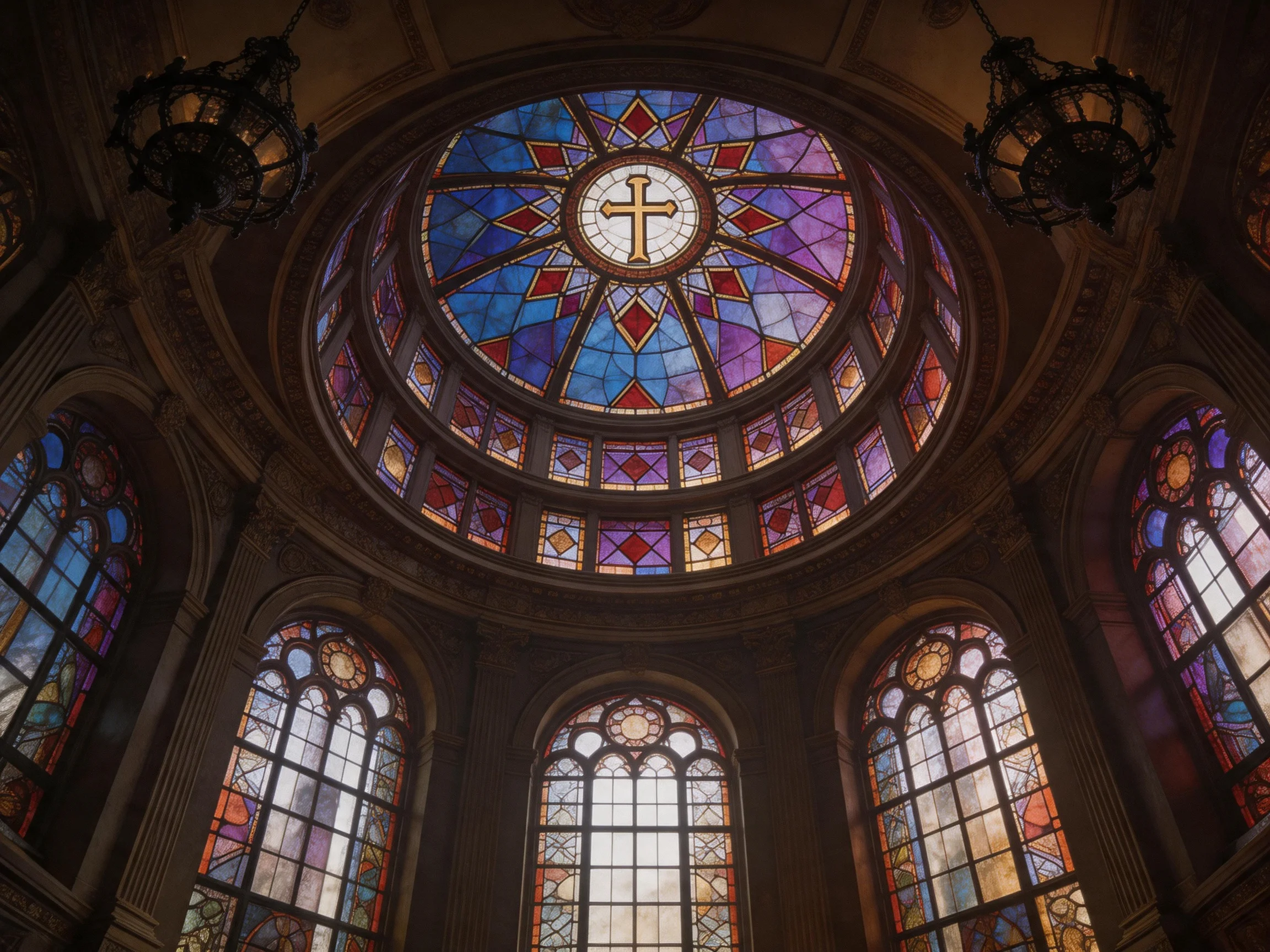 A grand domed stained glass ceiling with vibrant colored panels