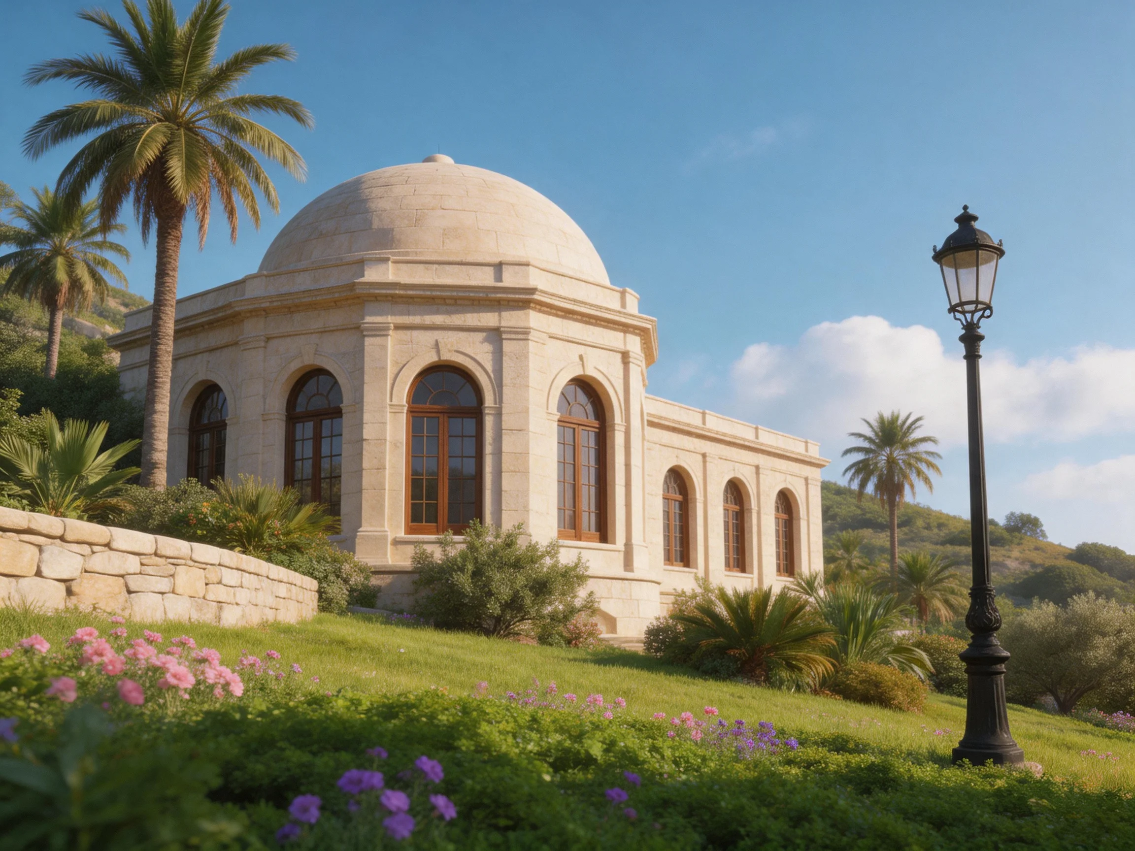 A grand domed stone building with arched windows near palm trees