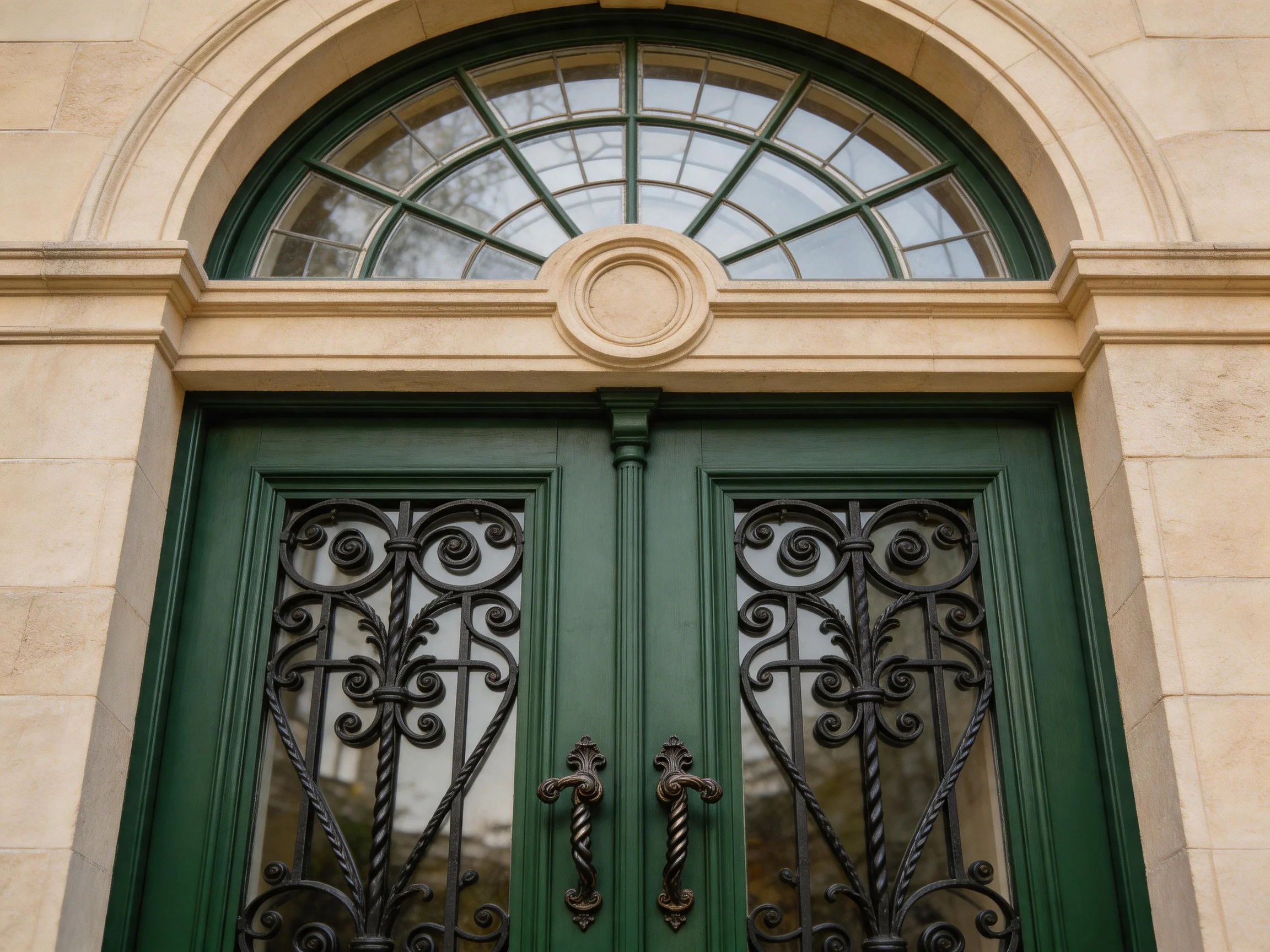 A grand entrance with dark green double doors and an ornate arched window