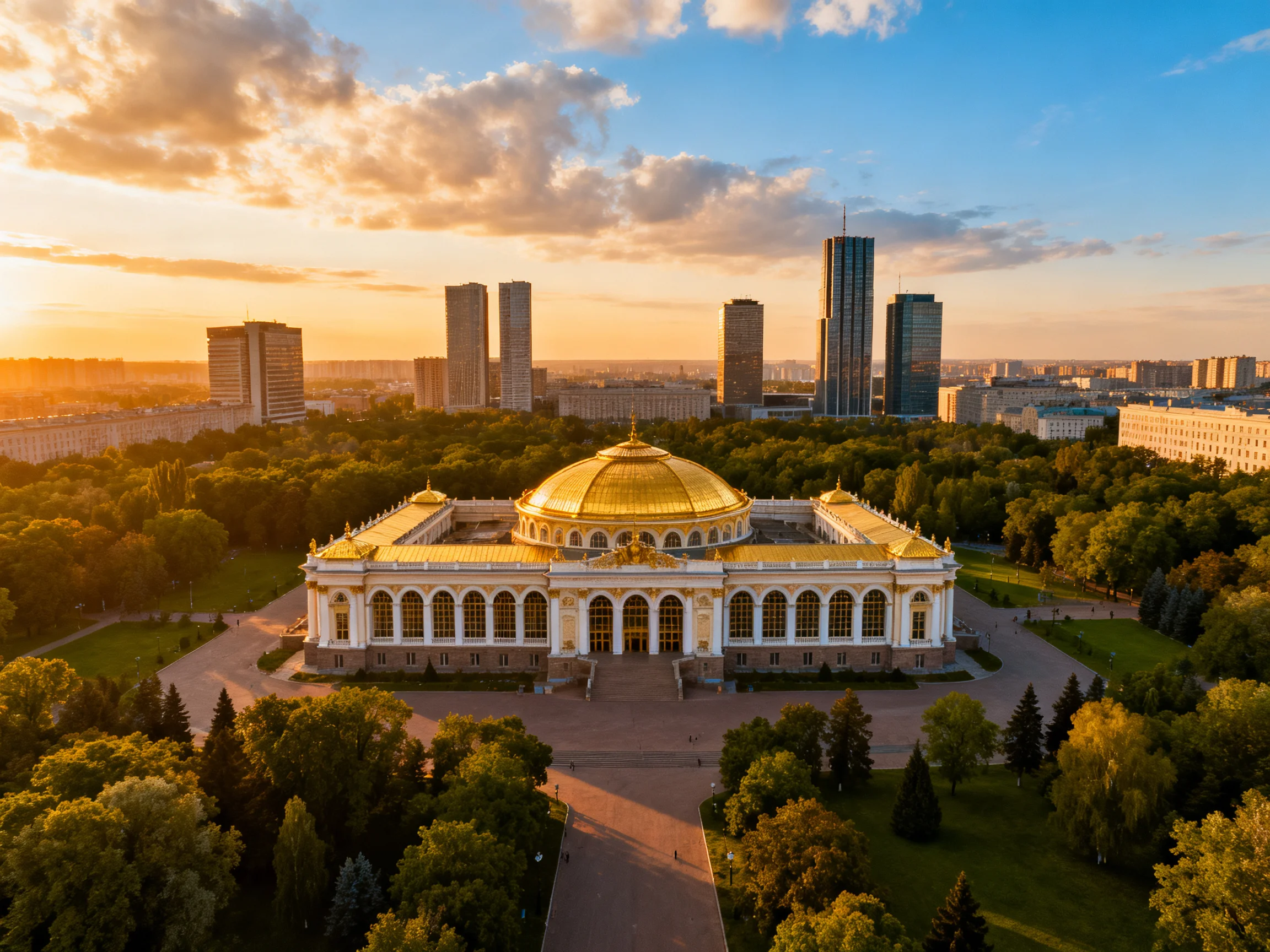 A grand golden-domed building amidst lush greenery and modern skyscrapers