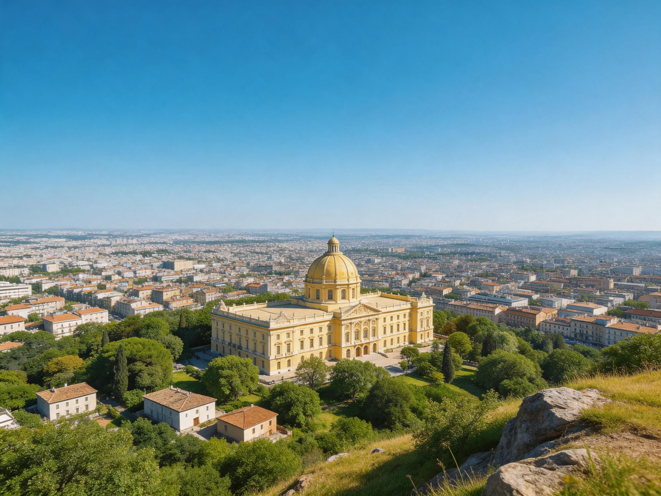 A grand golden-domed building overlooks a sprawling urban landscape