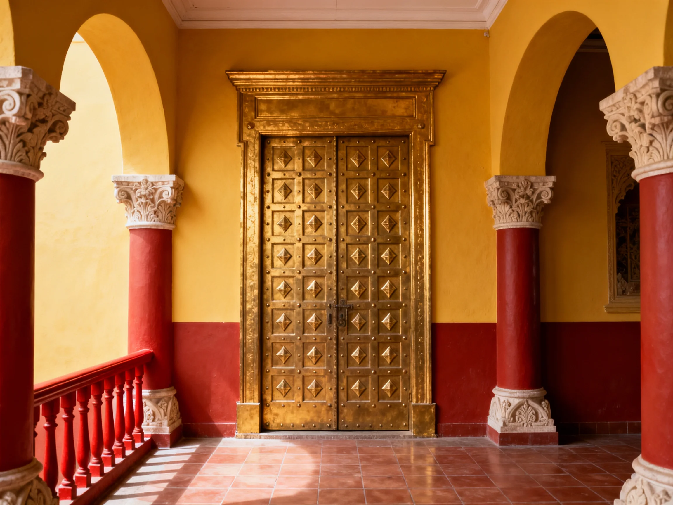 A grand golden double door in a yellow and red arched corridor