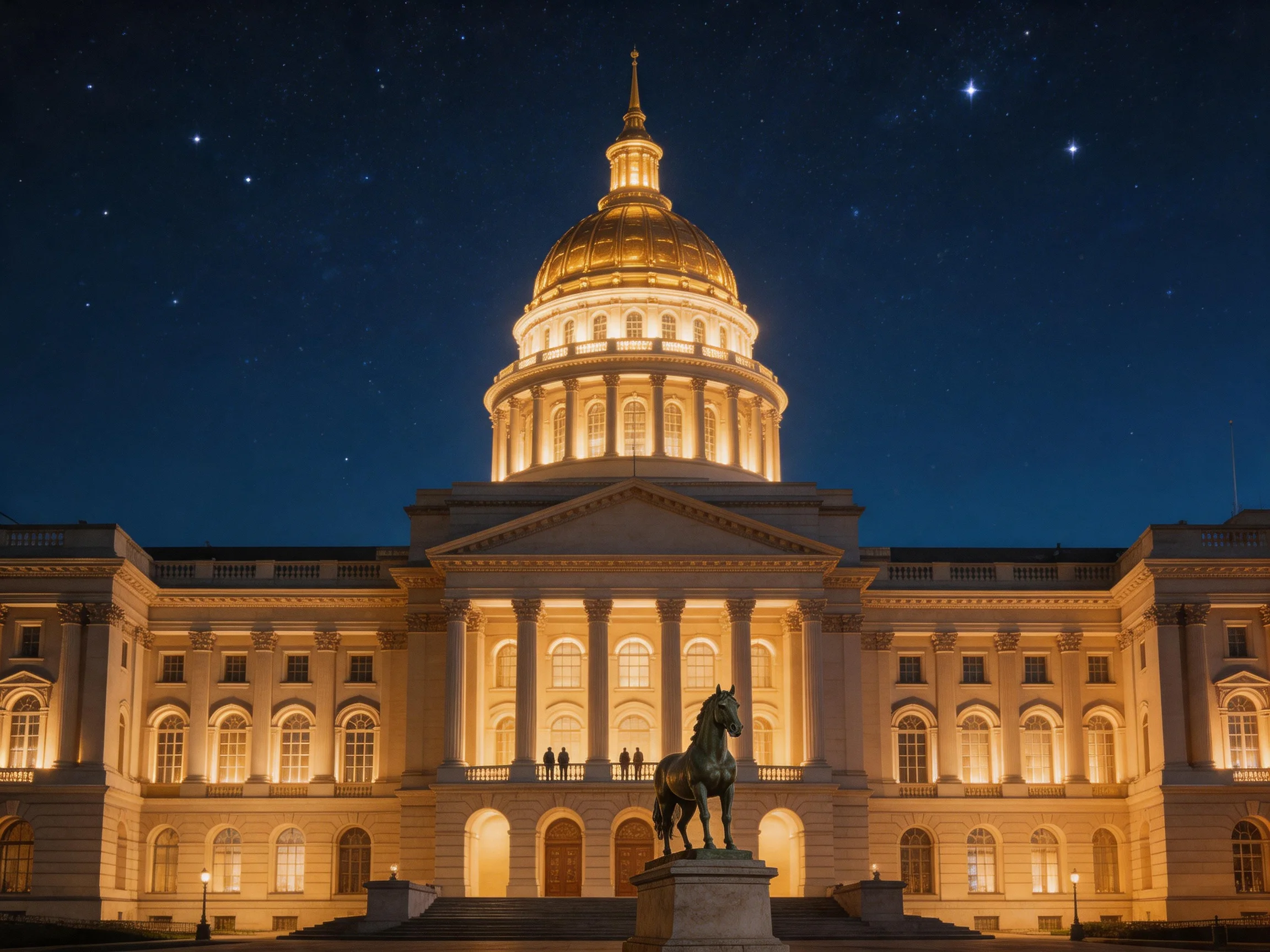 A grand government building with a golden dome lit up at night