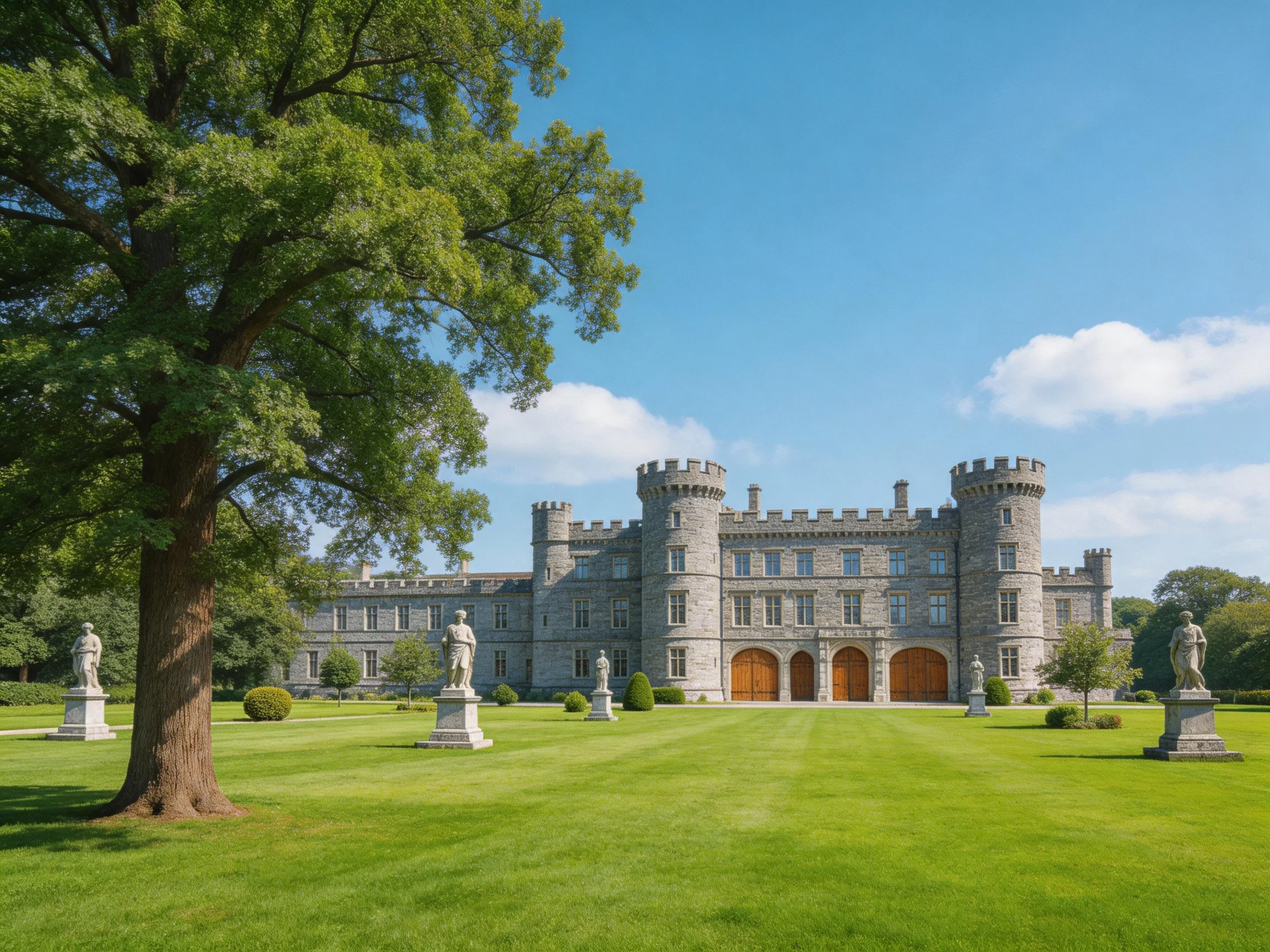 A grand gray castle with statues, manicured lawn, and large oak tree