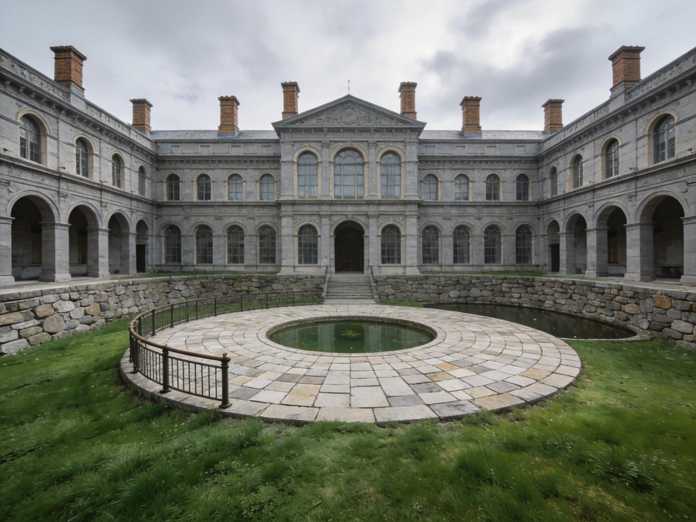 A grand gray stone building with a central courtyard and circular water feature