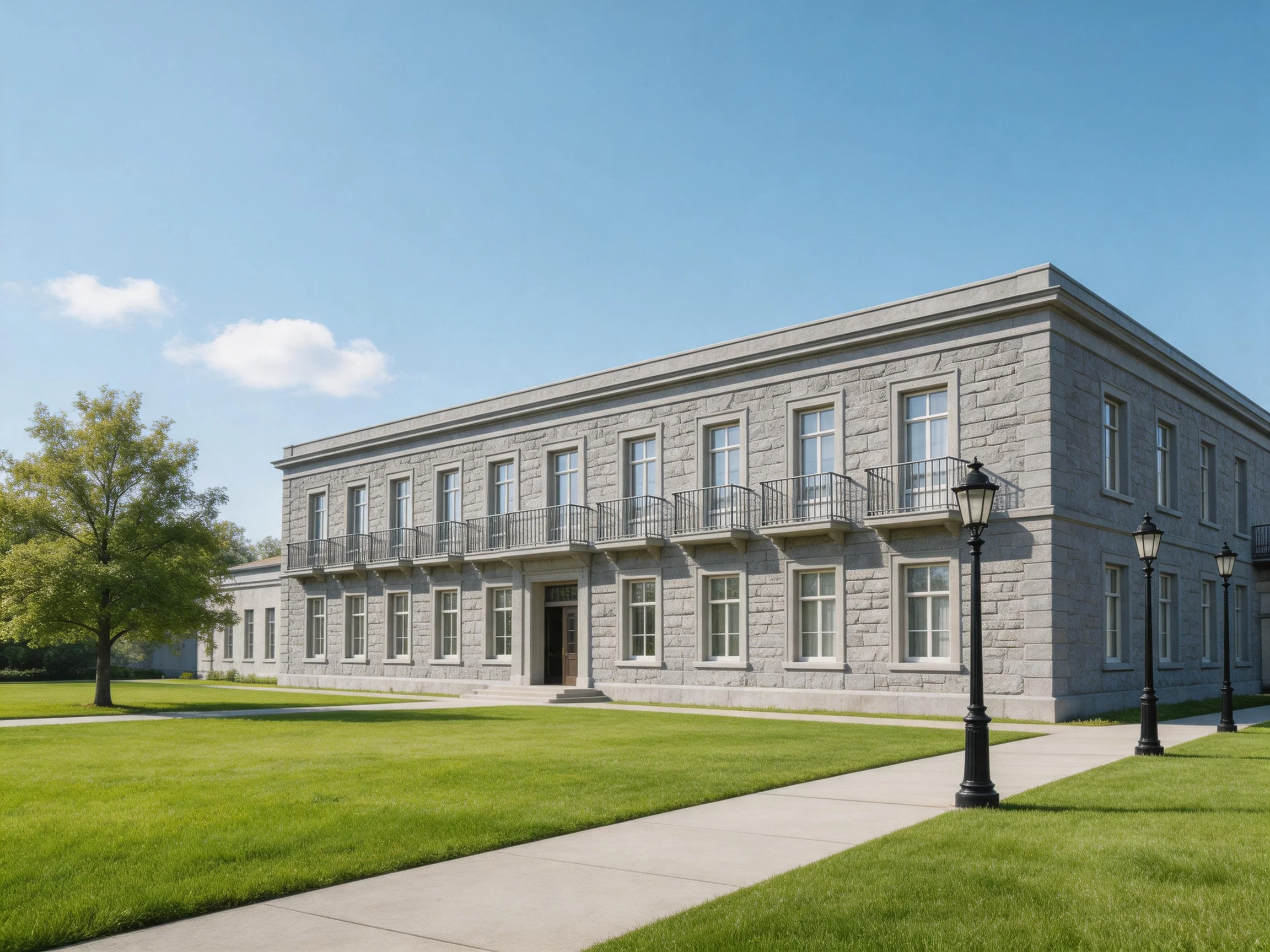 A grand gray stone building with expansive green lawn under clear blue sky