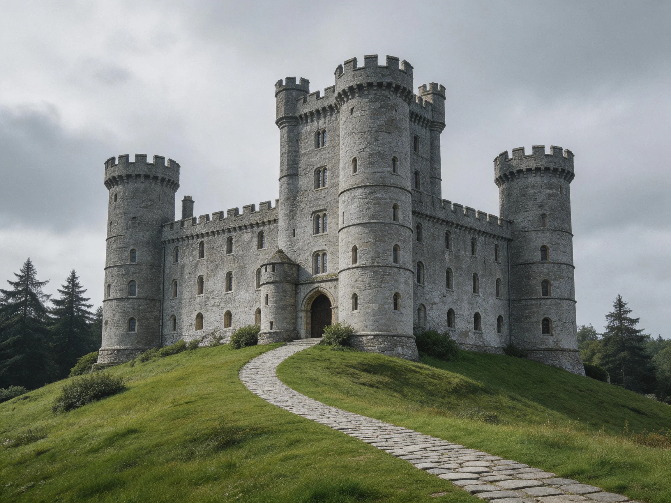 A grand gray stone castle with four towers atop a grassy hill