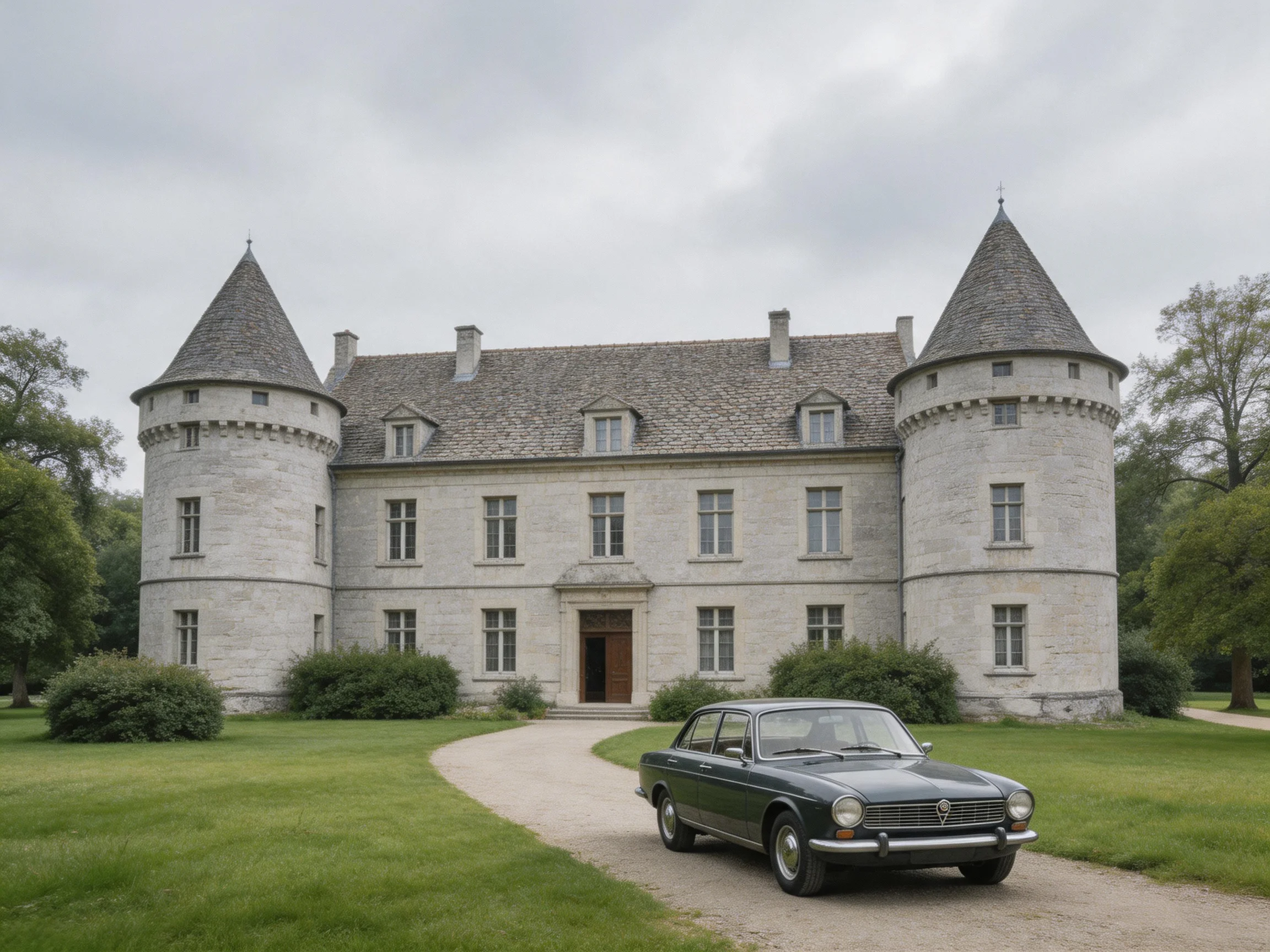 A grand gray stone castle with two towers near a vintage car