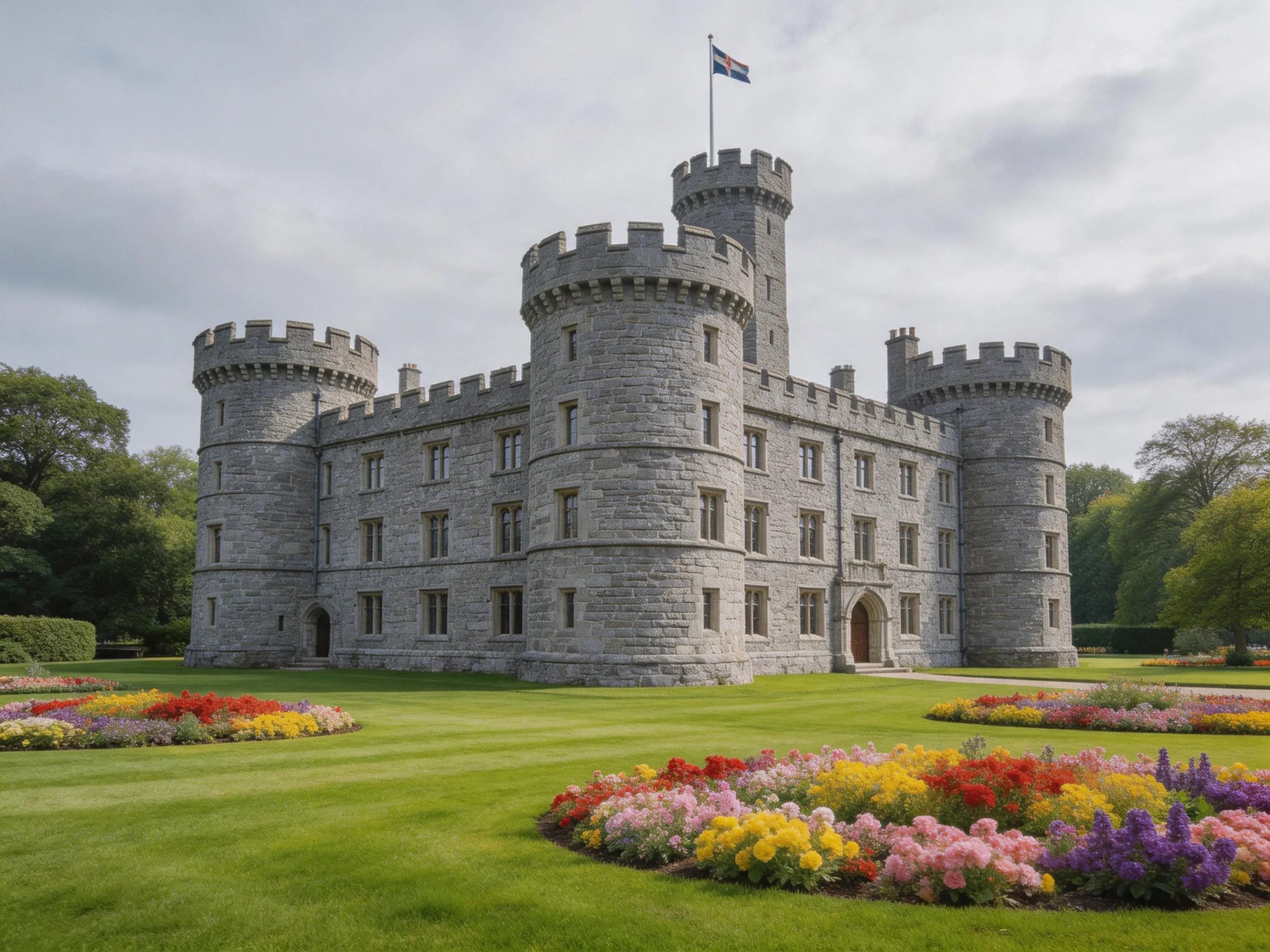 A grand gray stone castle with vibrant flower beds and manicured lawns