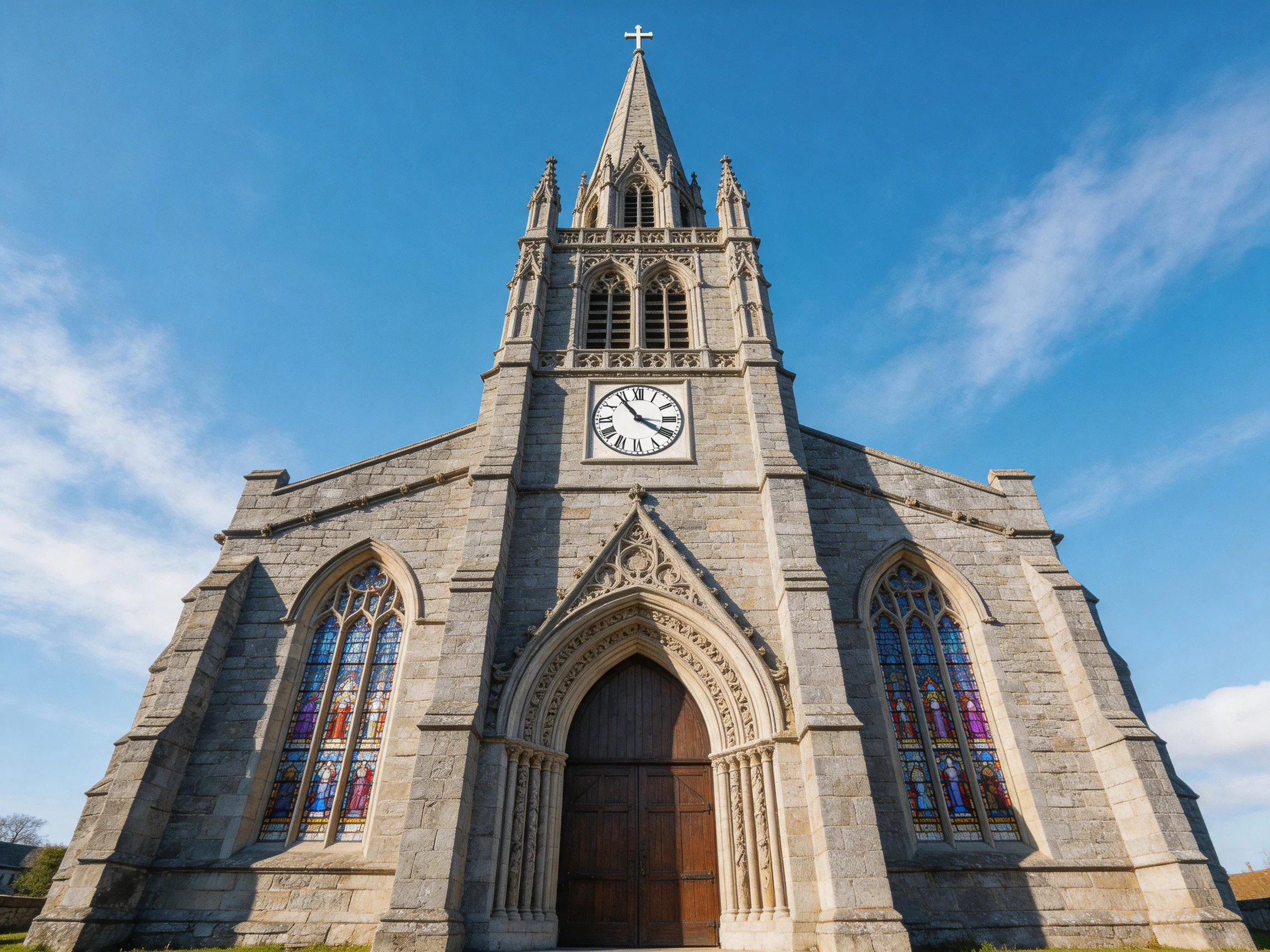 A grand gray stone church with stained glass windows and a clock tower under clear blue sky