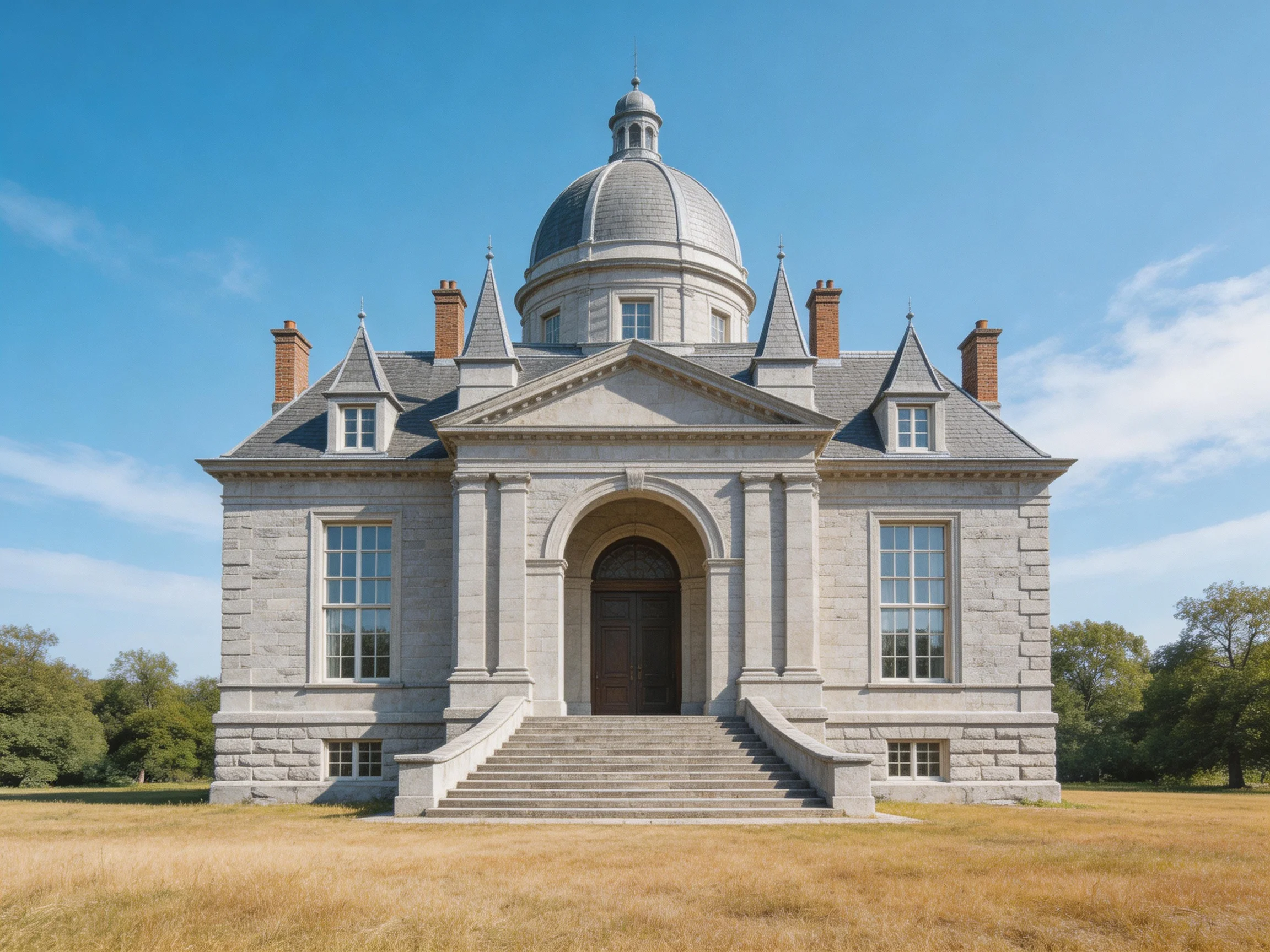 A grand gray stone mansion with a domed central tower