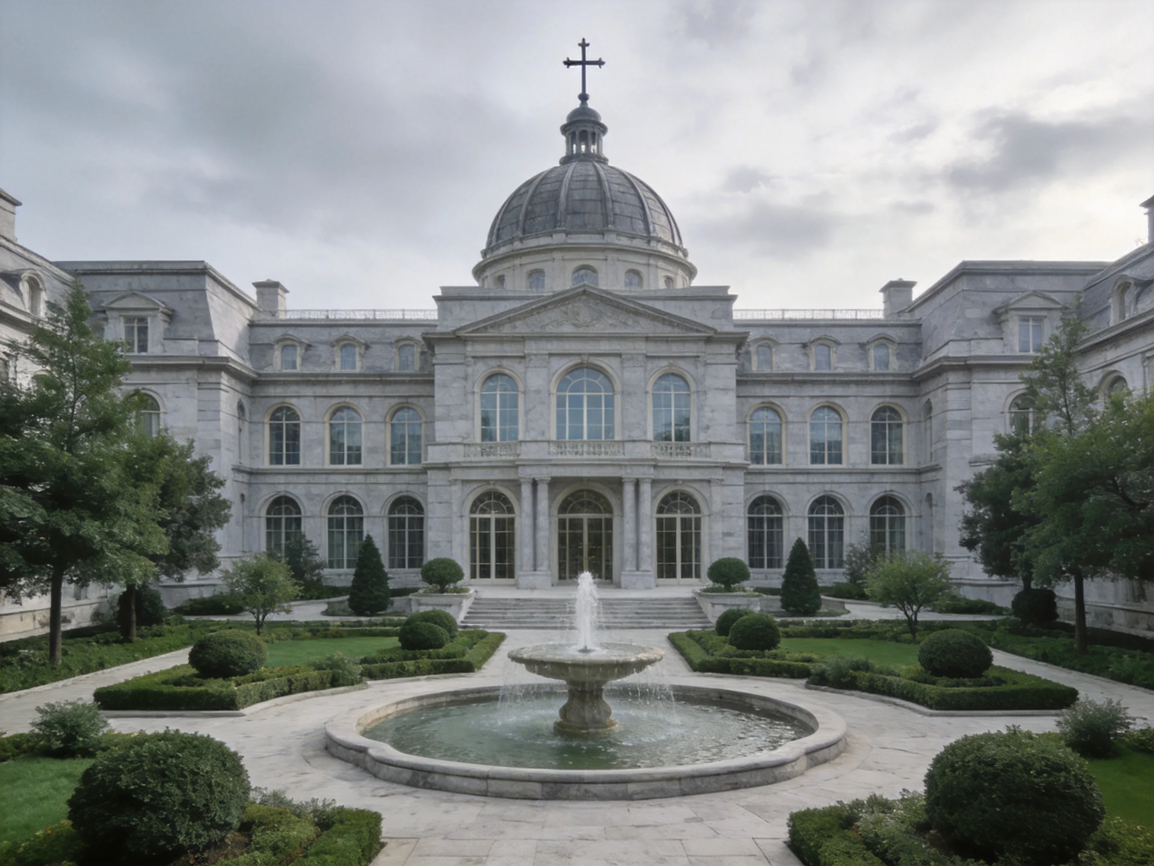 A grand gray stone mansion with a domed roof and central fountain
