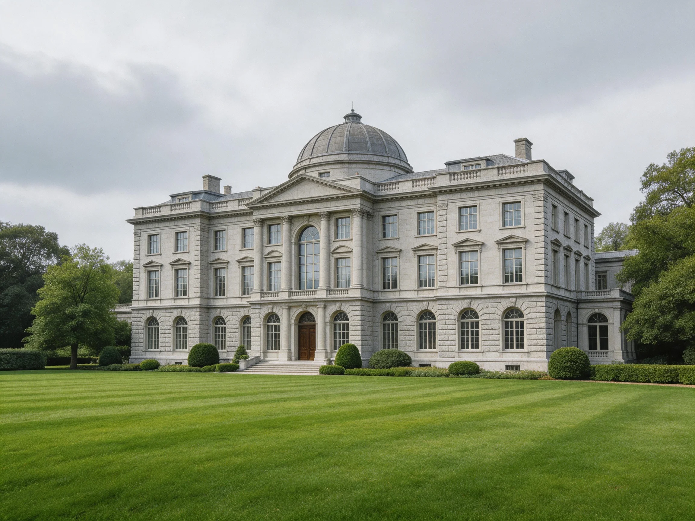 A grand gray stone mansion with a domed roof and expansive green lawn