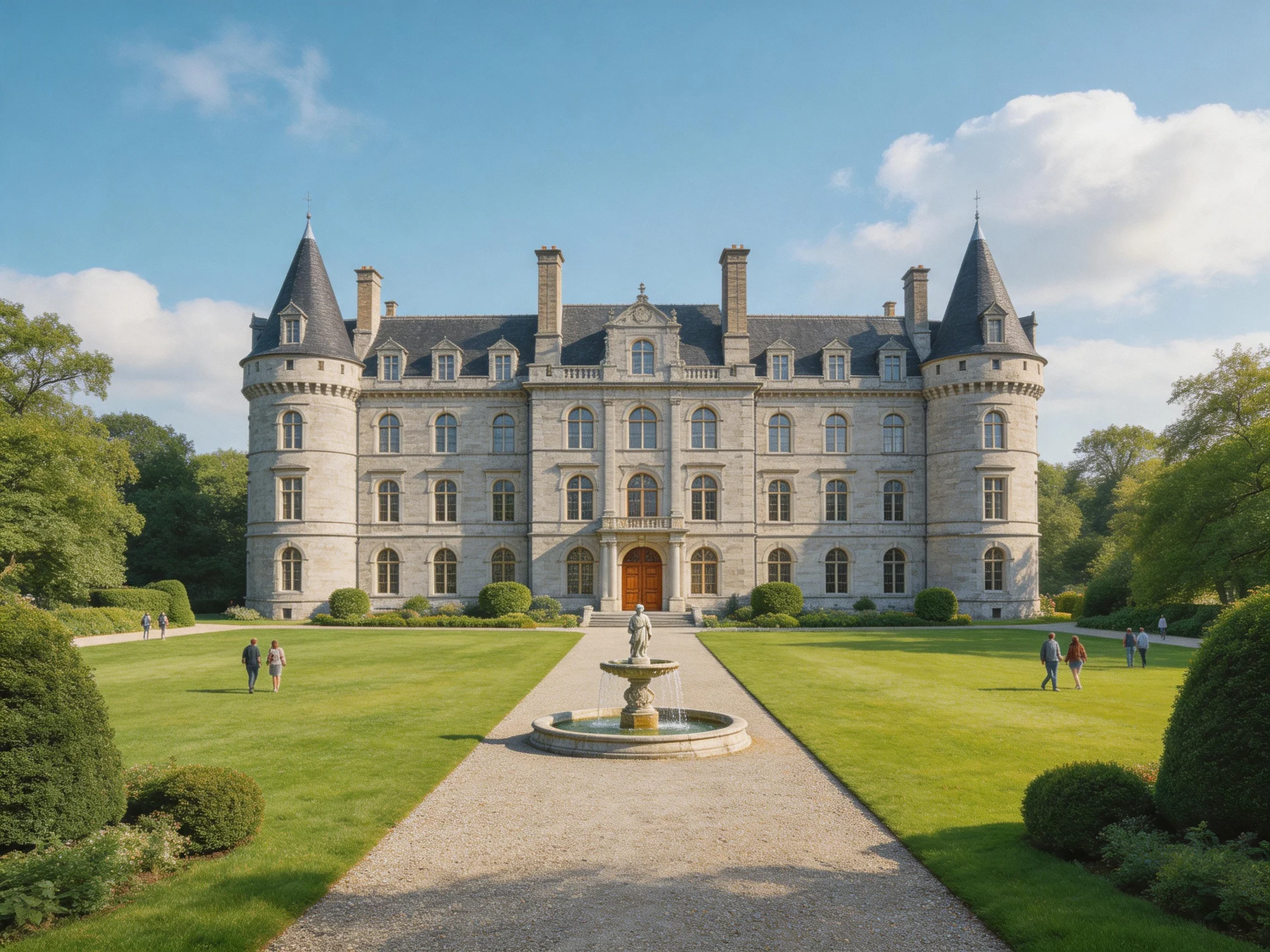 A grand gray stone mansion with manicured gardens