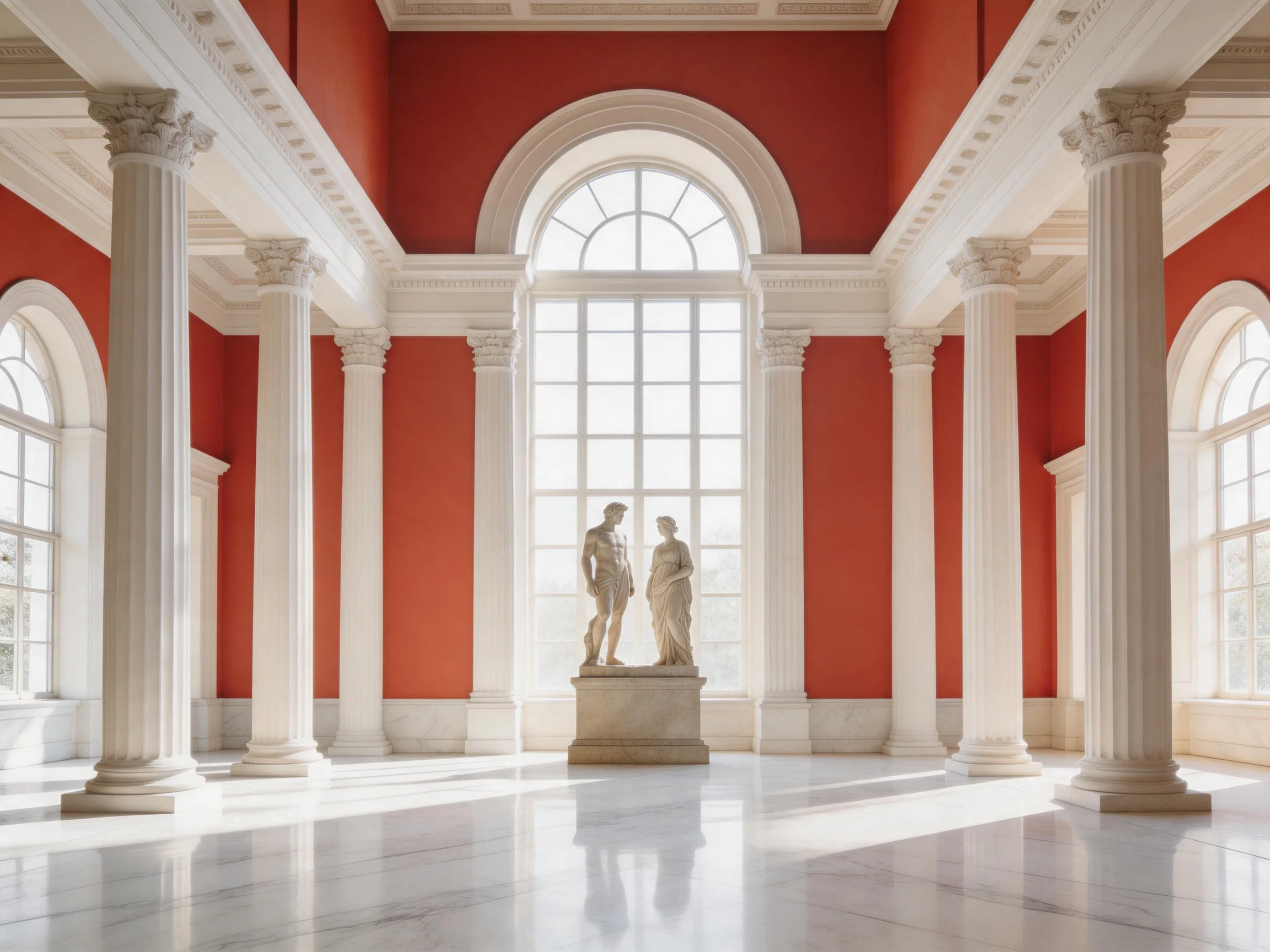 A grand hall with red walls, white columns, and a central sculpture