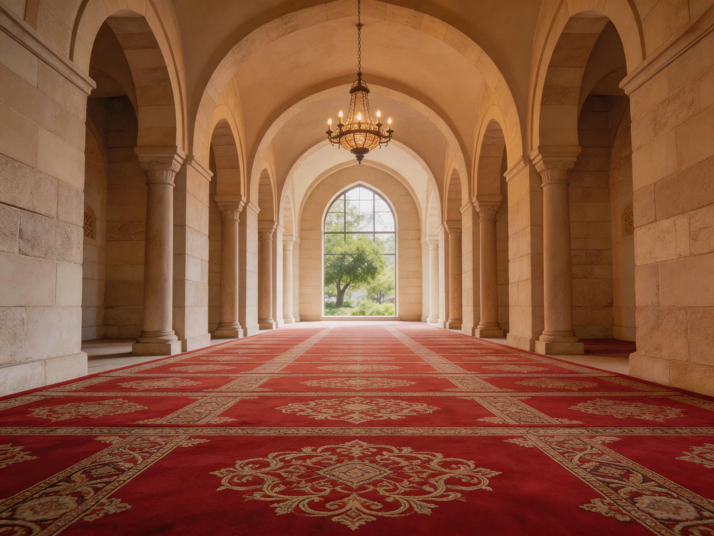 A grand hallway with red patterned carpets and stone arches