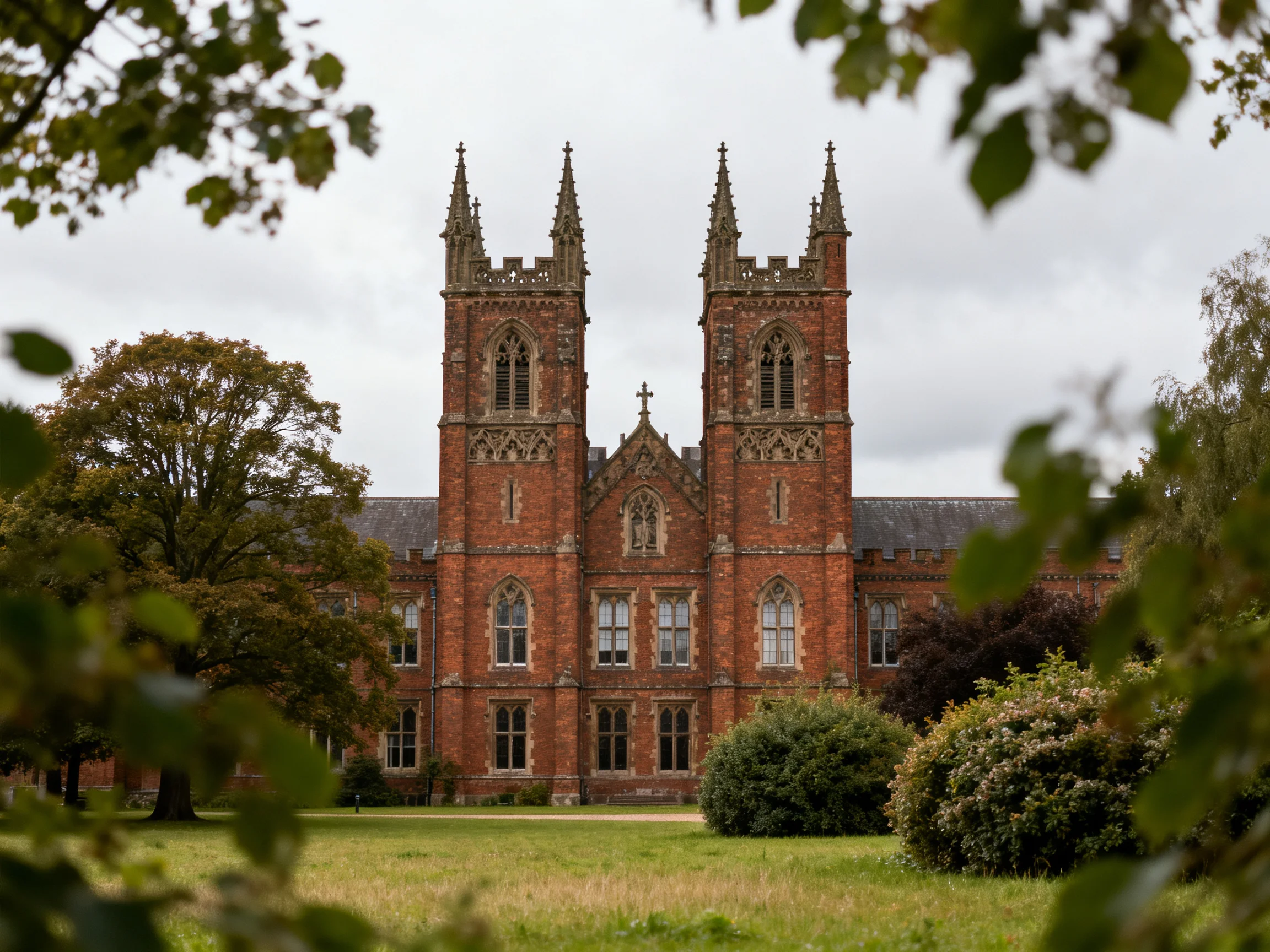 A grand historic brick building with twin Gothic towers