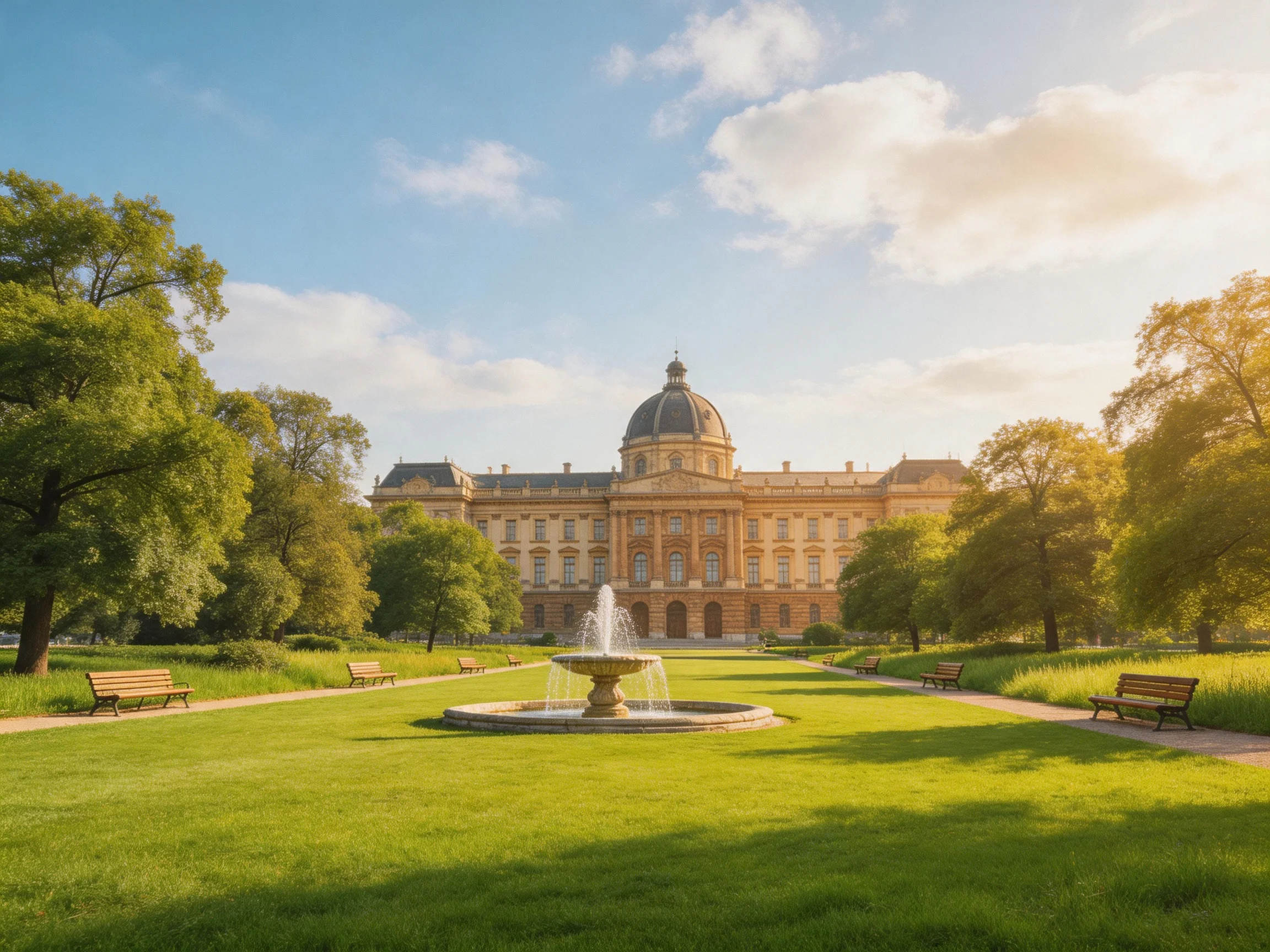 A grand historic building centered by a fountain in a lush green park