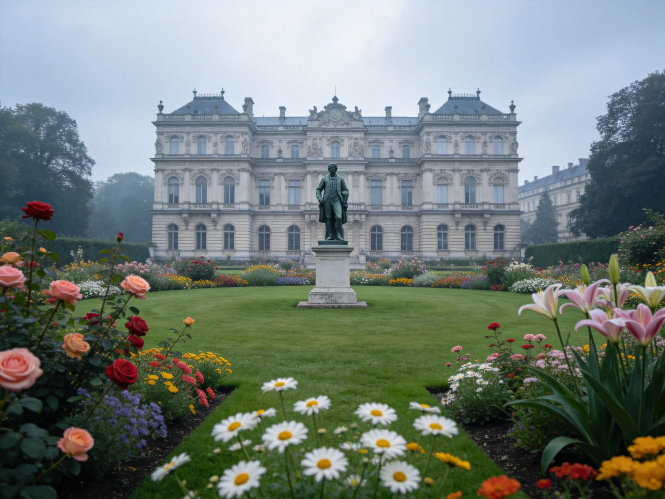 A grand historic building overlooks a vibrant flower garden with a central statue