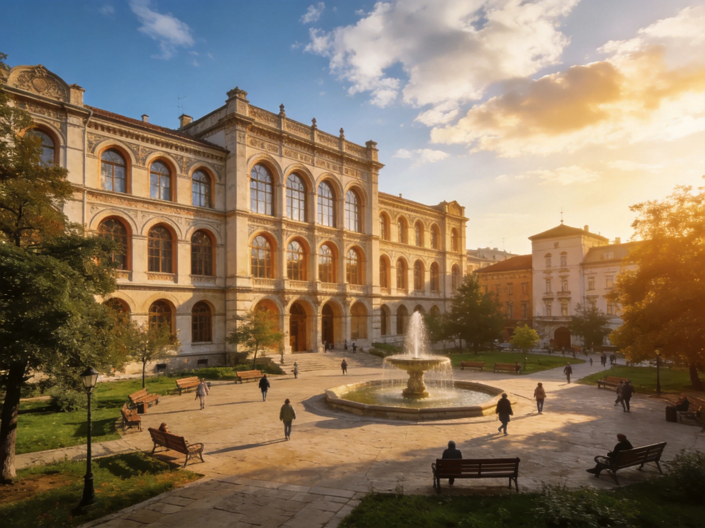 A grand historic building with a central fountain in golden sunlight