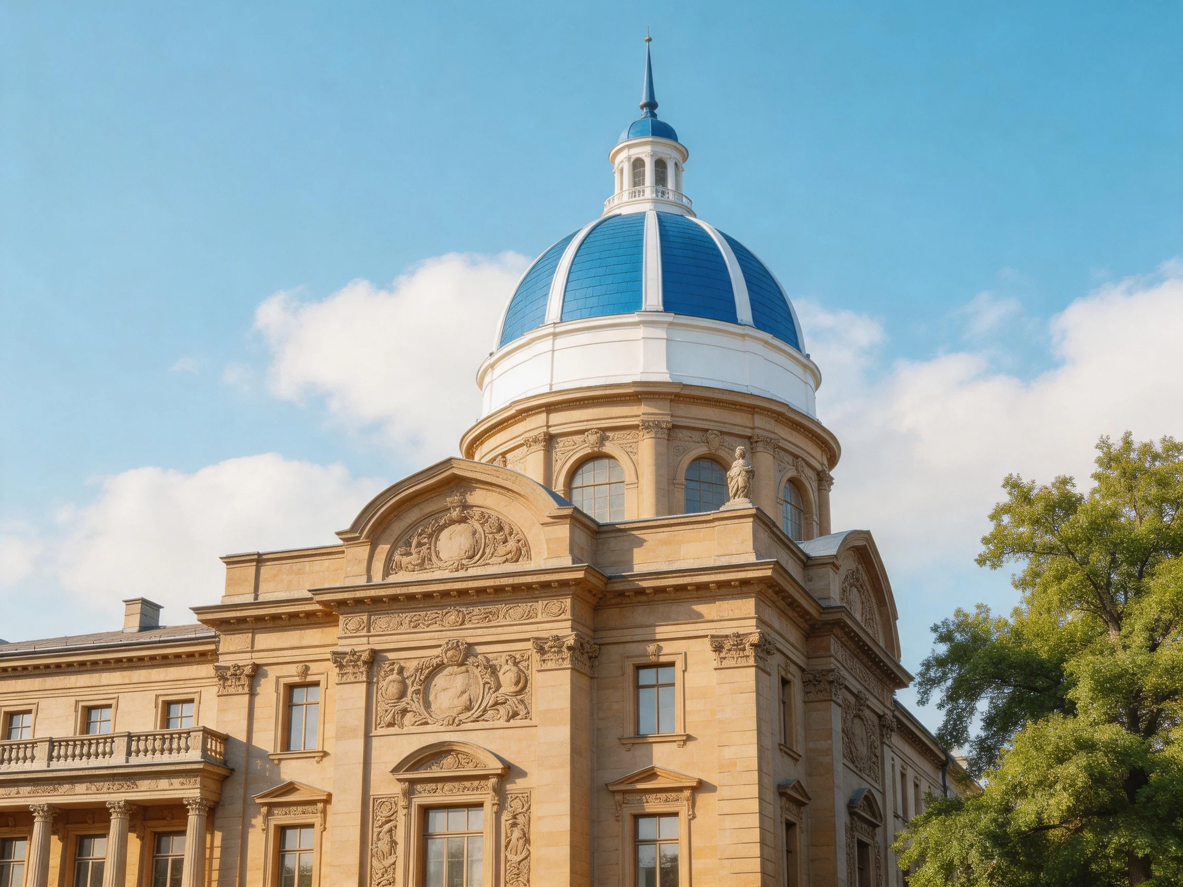 A grand historic building with a striking blue dome and ornate stone facade