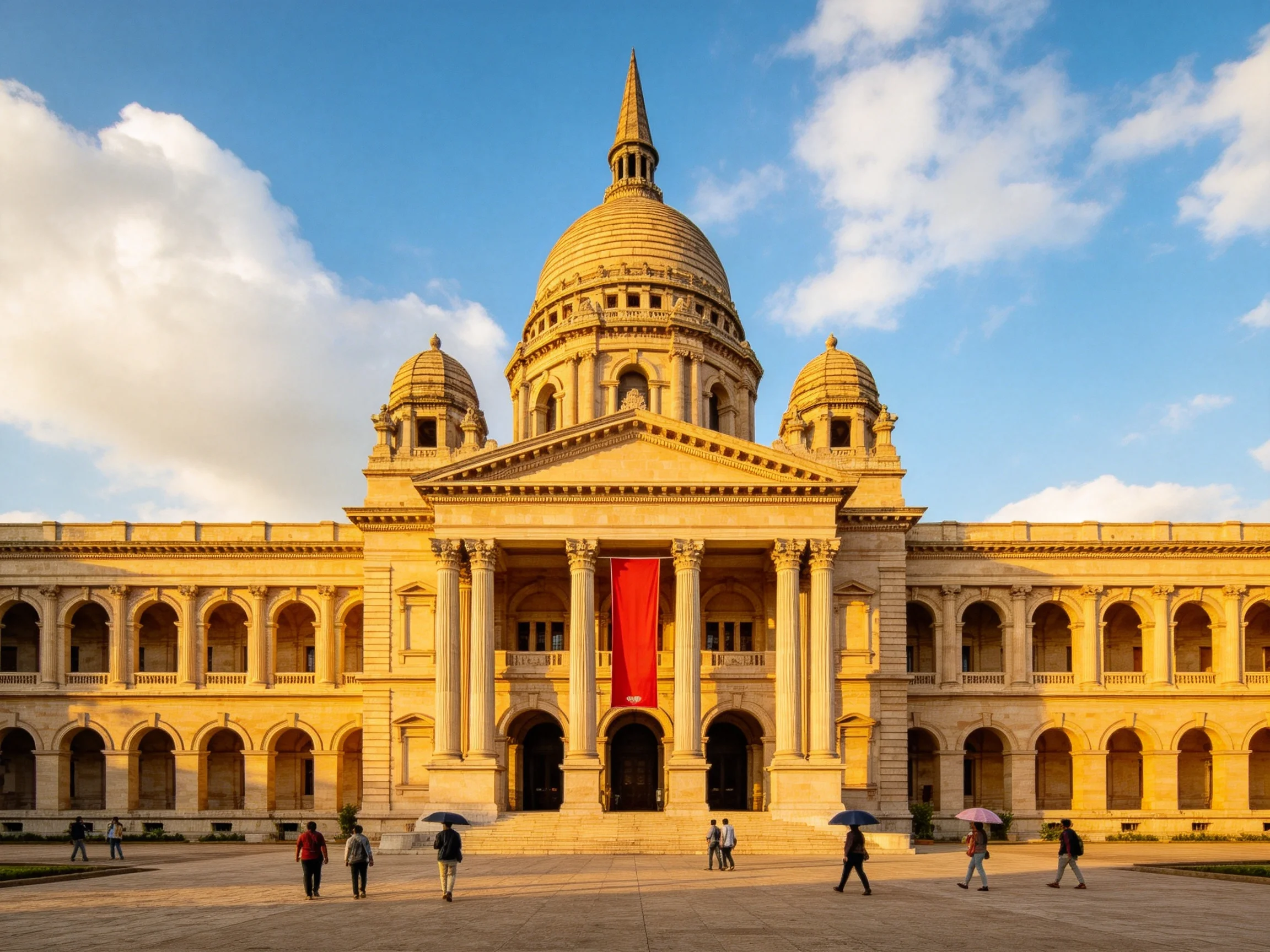 A grand historic building with domes and arches under a clear sky