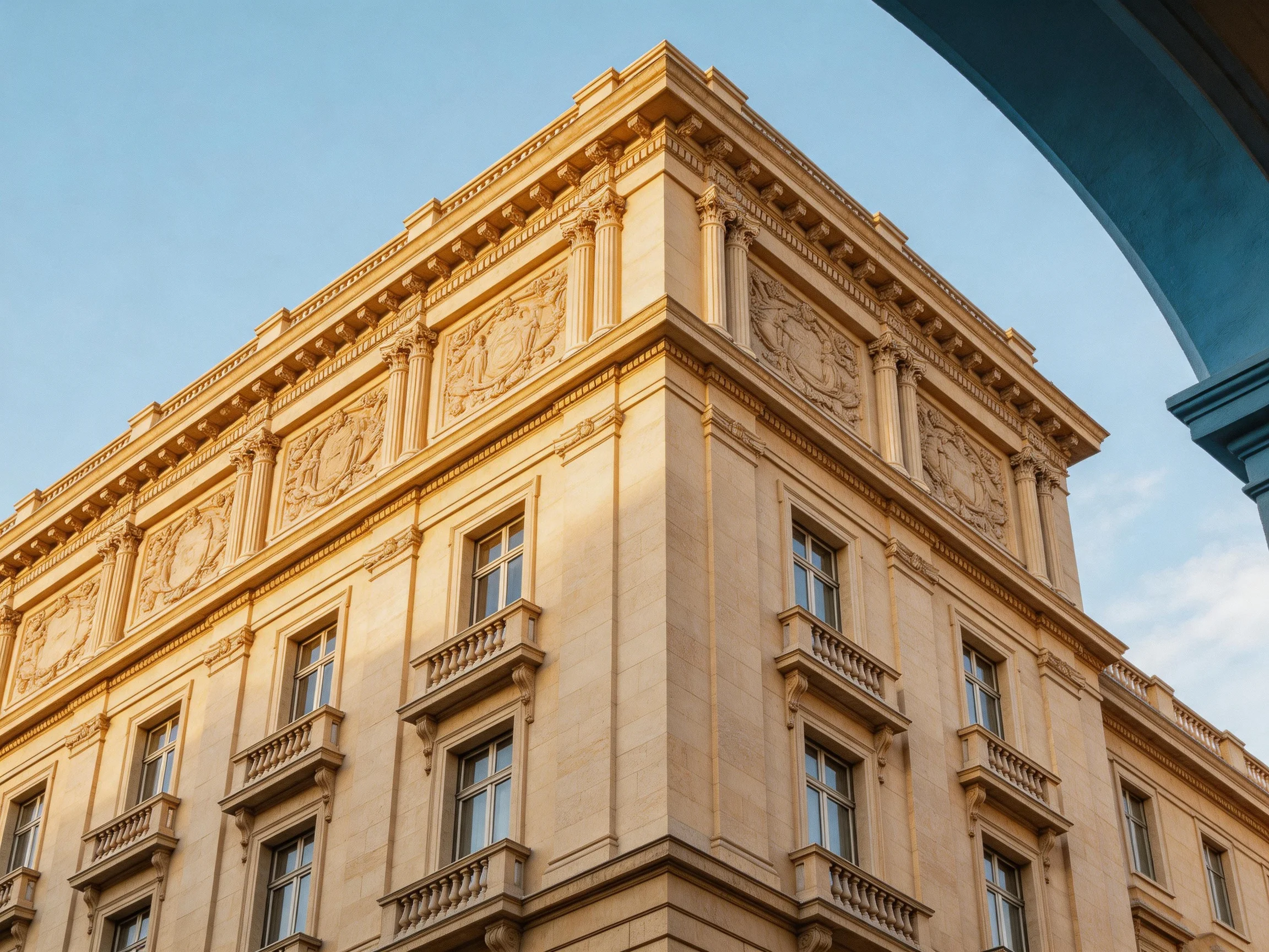 A grand historic building with ornate carvings and stone facade