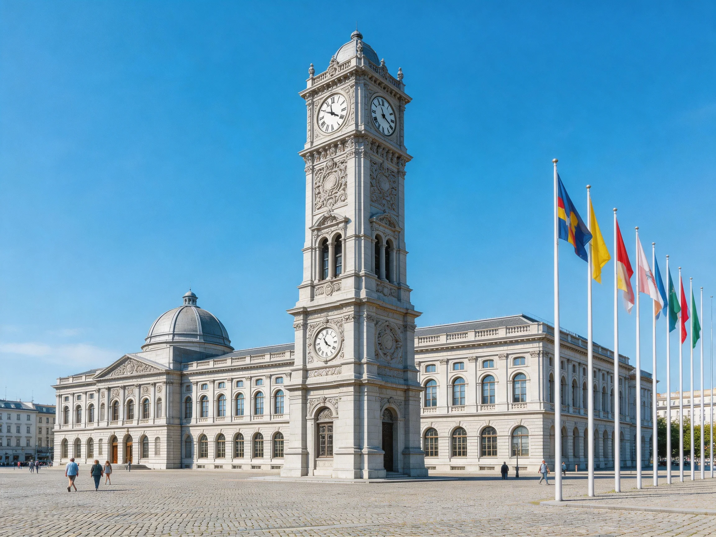 A grand historic building with ornate clock tower and flags