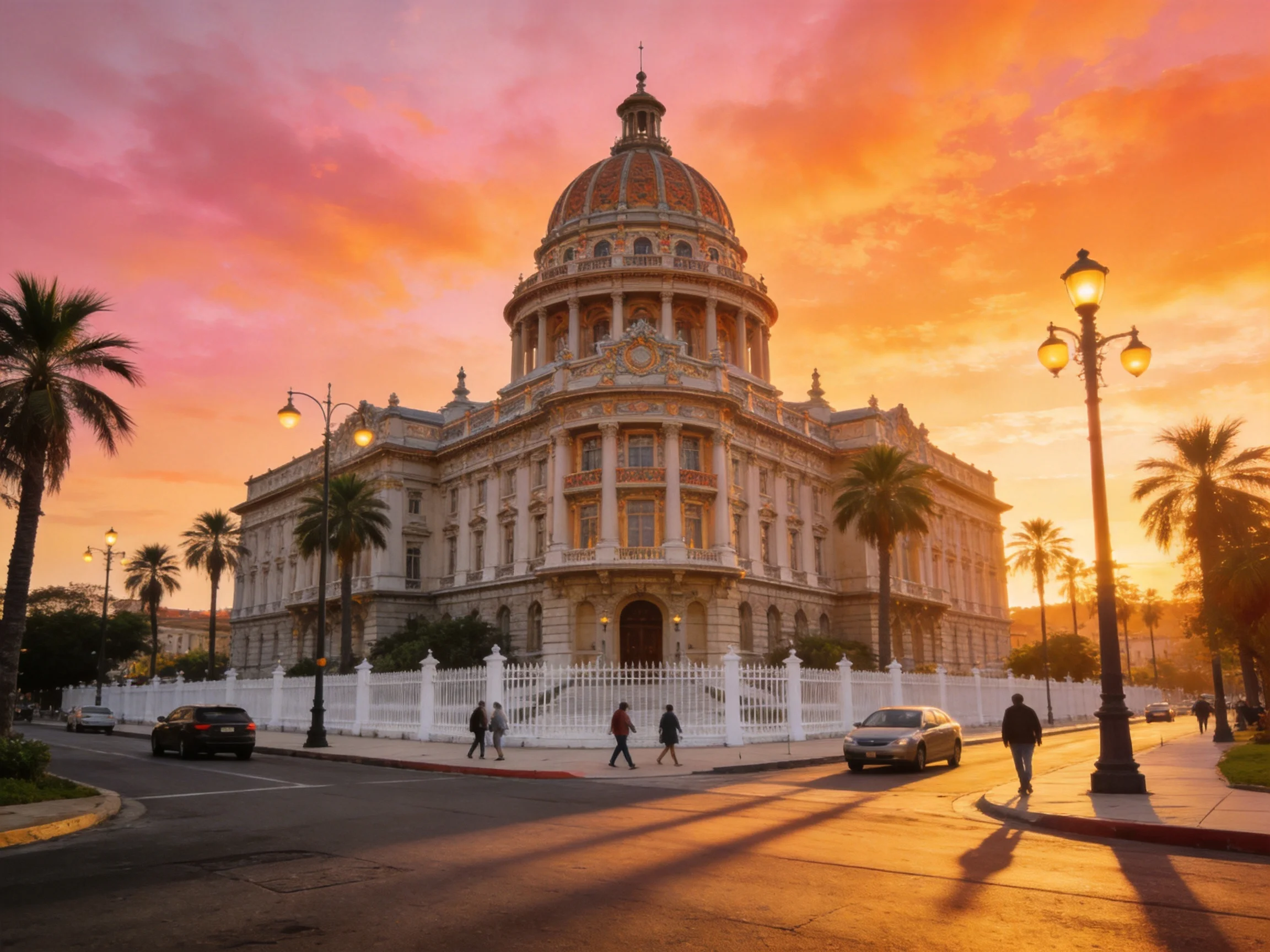 A grand historic building with ornate dome under vibrant sunset skies